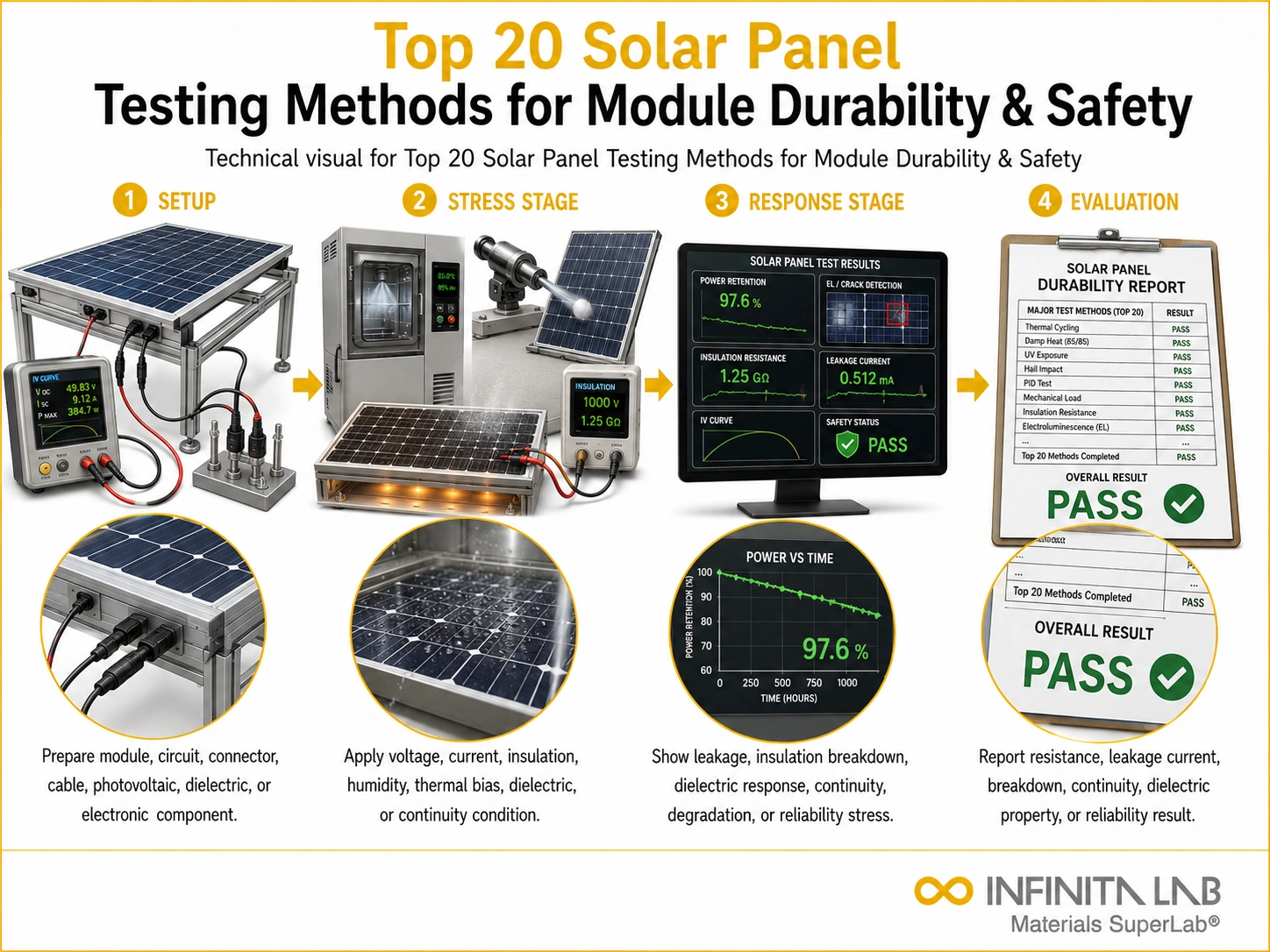 Infinita Engineering Visual showing Top 20 Solar electrical / electronics reliability workflow for top 20 solar panel testing methods for module durability & safety.