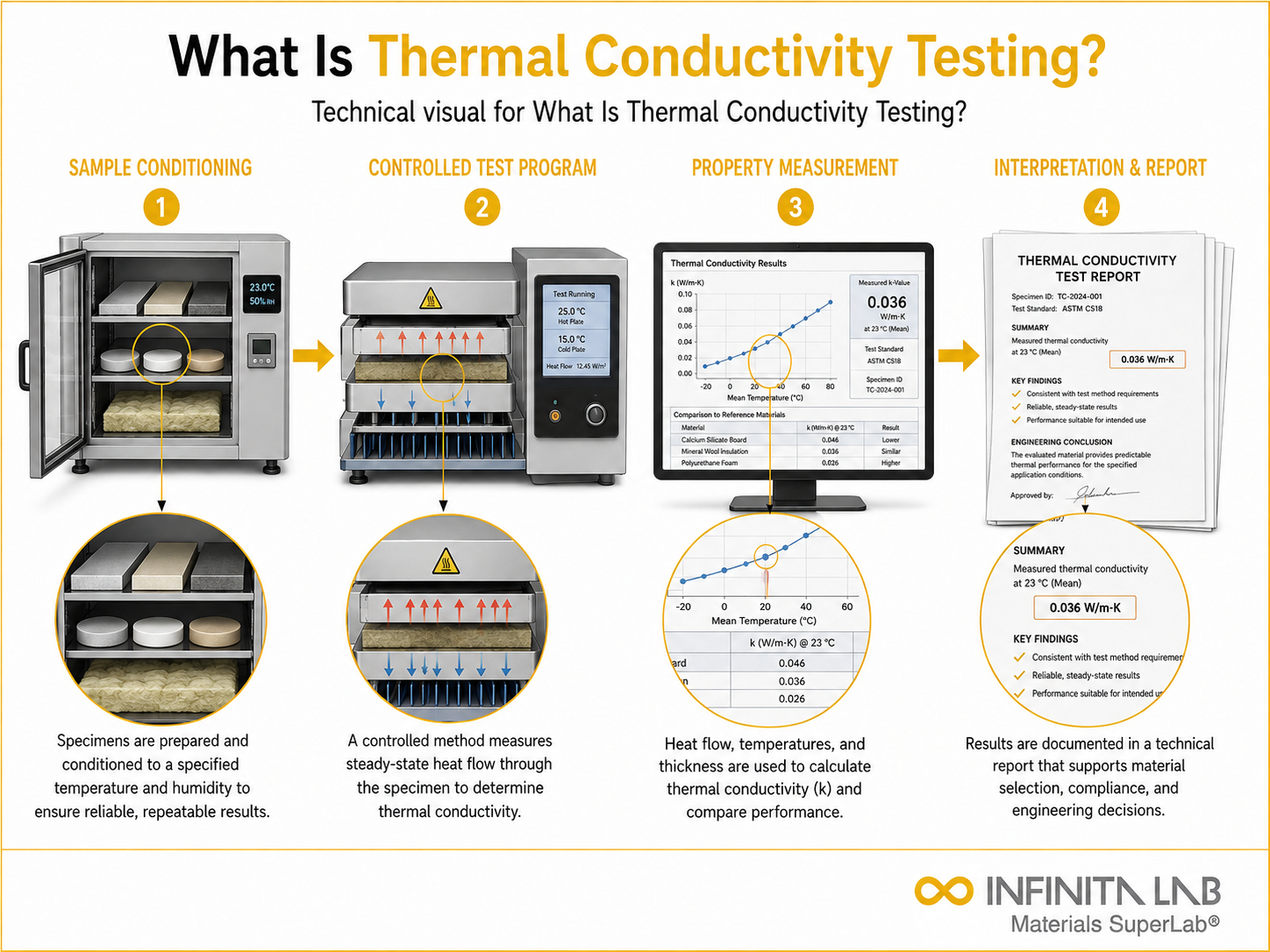 Infinita Engineering Visual showing What Is Thermal Conductivity Testing? thermal / physical property analysis workflow.
