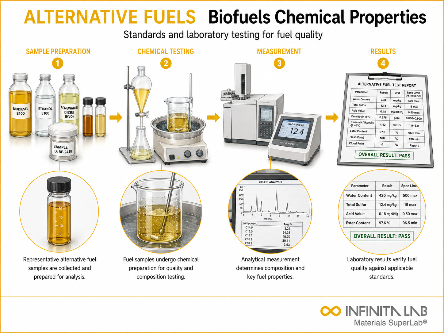 Infinita Engineering Visual showing Alternative Fuels Biofuels chemical composition / wet chemistry workflow for alternative fuels & biofuels: chemical properties, standards & lab testing.