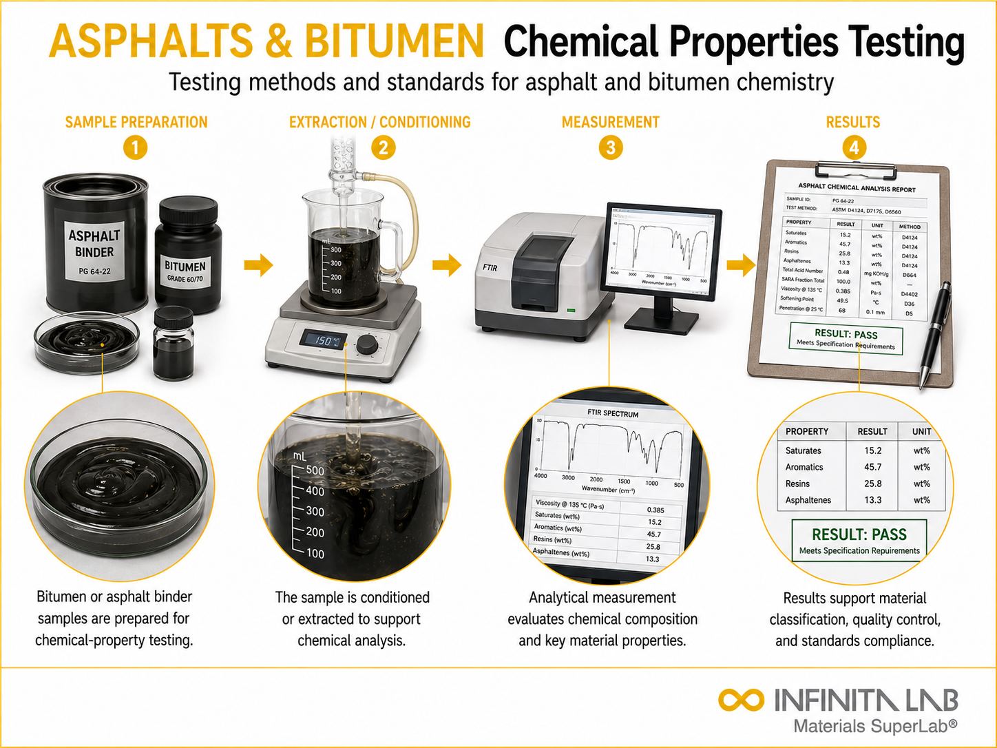 Infinita Engineering Visual showing Chemical Properties Of chemical composition / wet chemistry workflow for chemical properties of asphalts & bitumen: testing methods & standards.