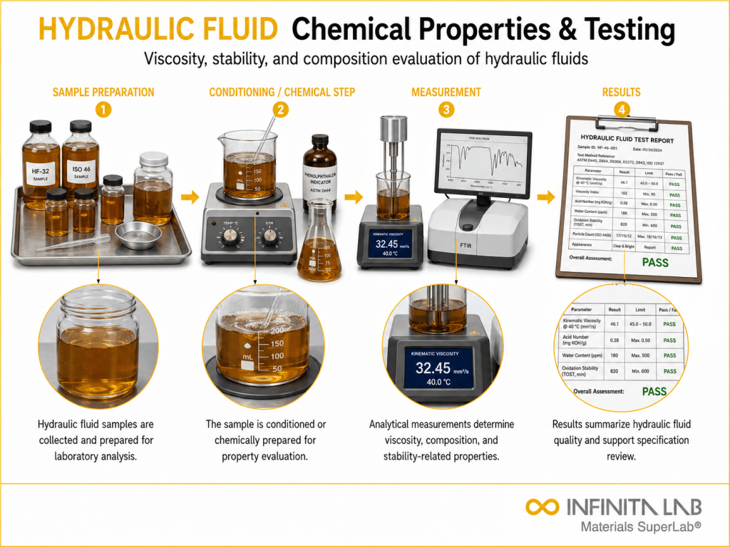 Infinita Engineering Visual showing Hydraulic Fluid Chemical constituent / composition analysis workflow for hydraulic fluid chemical properties & testing: viscosity, stability & composition.