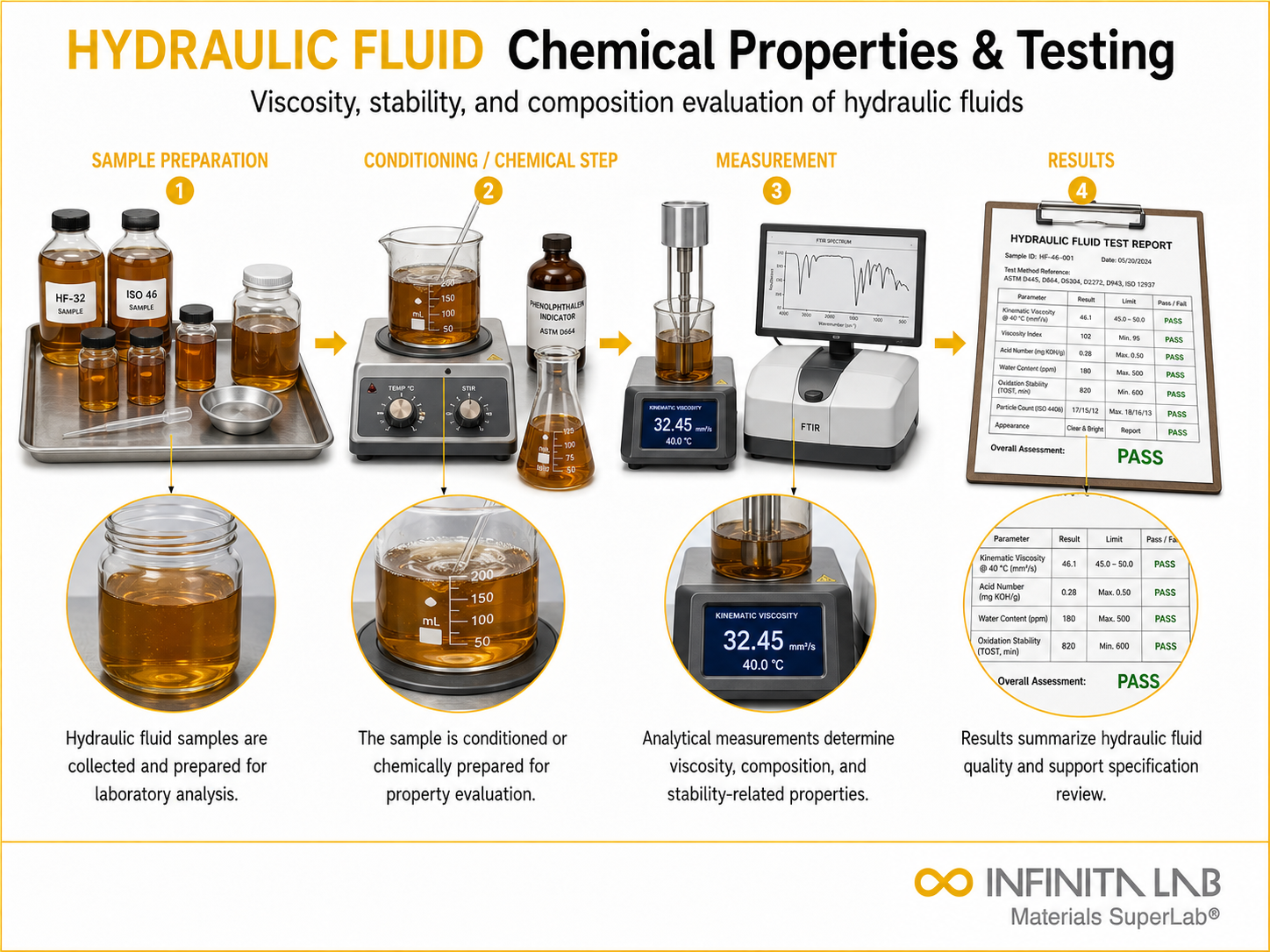 Infinita Engineering Visual showing Hydraulic Fluid Chemical constituent / composition analysis workflow for hydraulic fluid chemical properties & testing: viscosity, stability & composition.