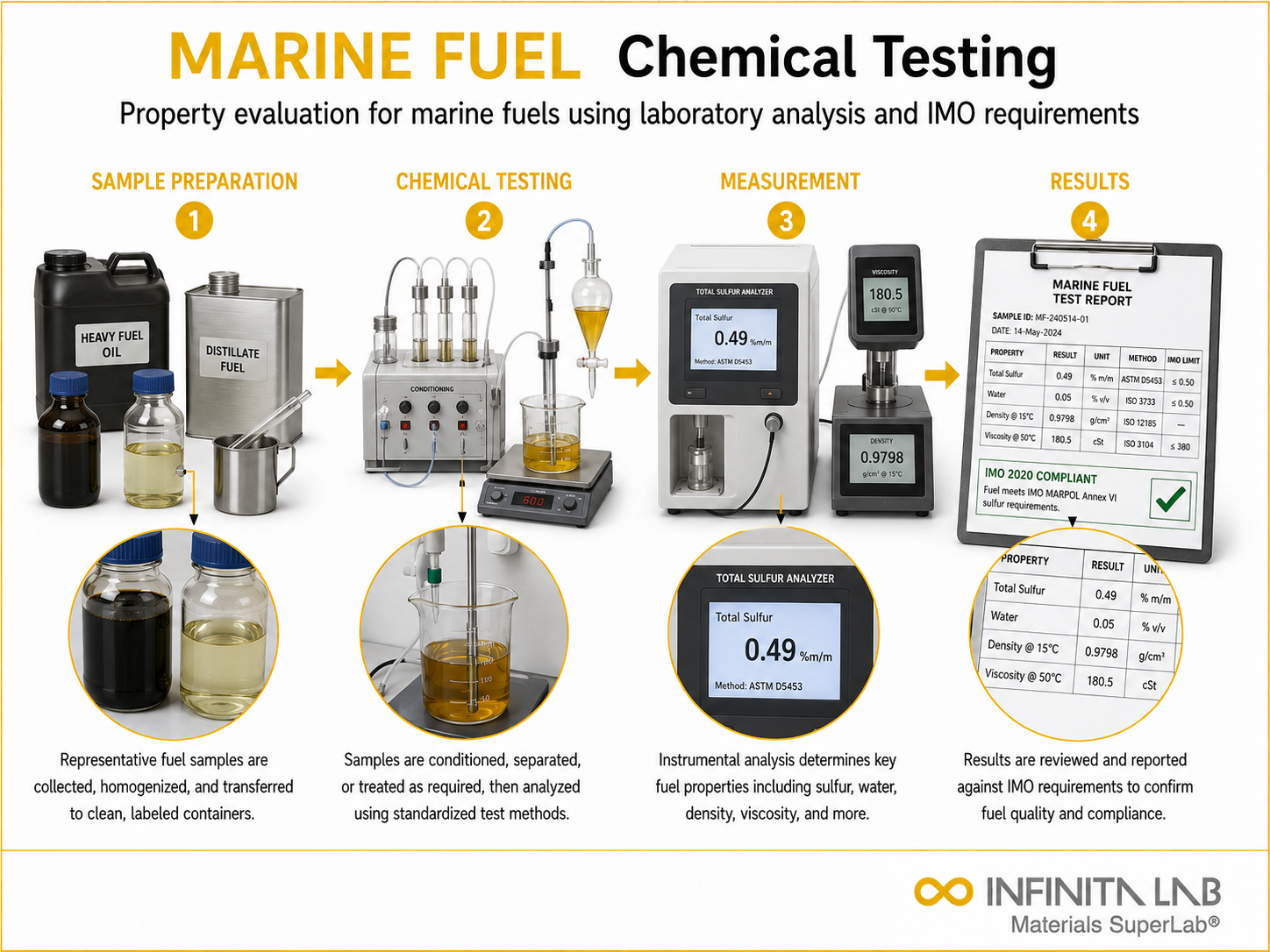 Infinita Engineering Visual showing Marine Fuel Chemical chemical composition / wet chemistry workflow for marine fuel chemical testing: properties, imo standards & lab analysis.