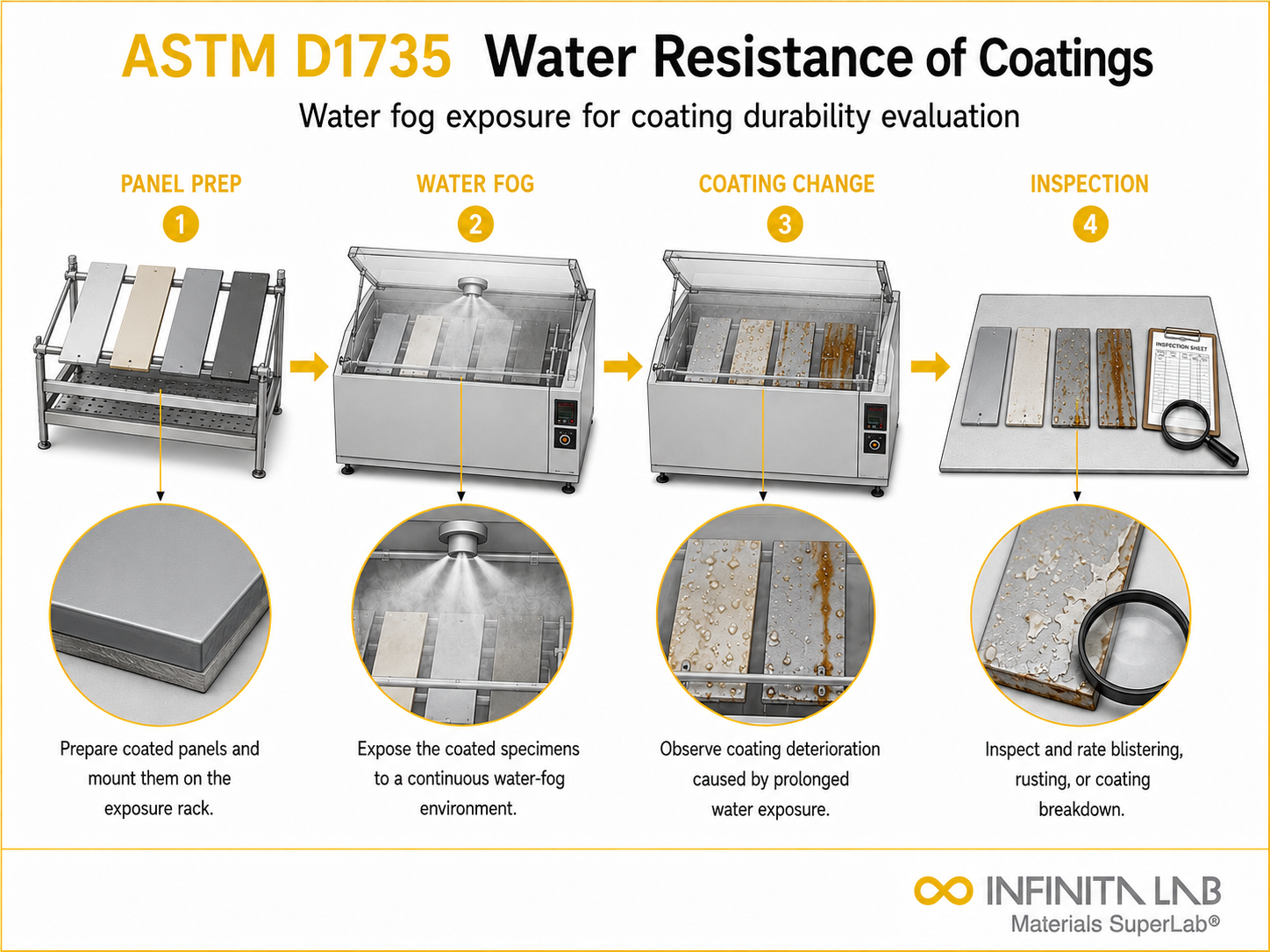 Infinita Engineering Visual showing ASTM D1735 coating / film / surface layer workflow for astm d1735: water resistance testing of coatings — standard practice guide.