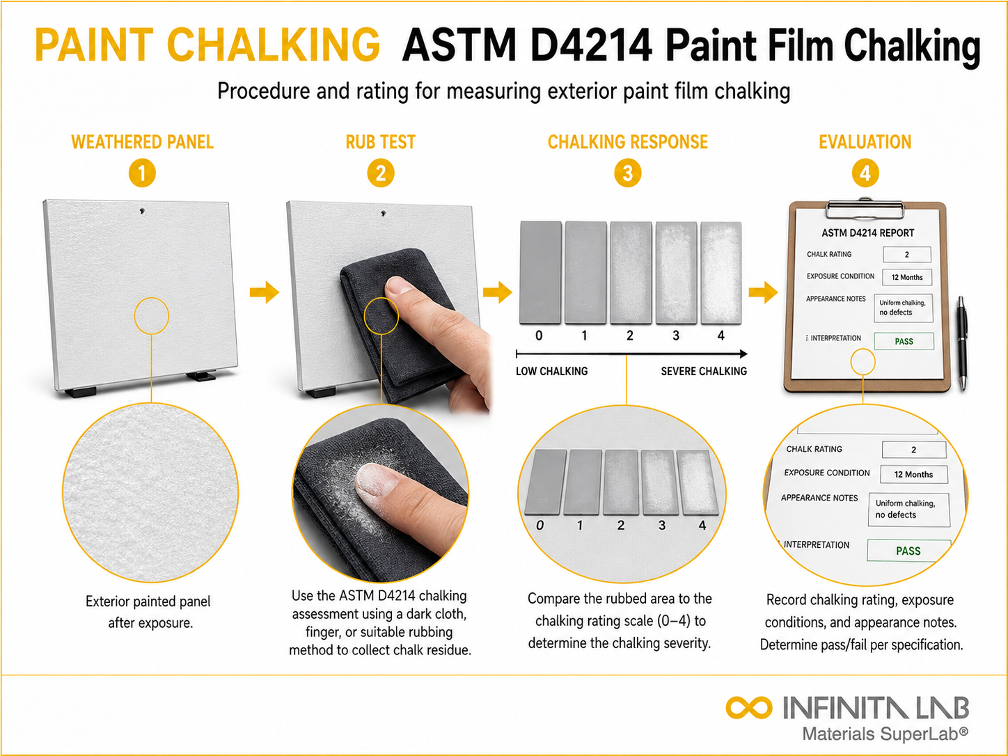 Infinita Engineering Visual showing ASTM D4214 coating / film / surface layer workflow for astm d4214: measuring exterior paint film chalking — procedure & rating.
