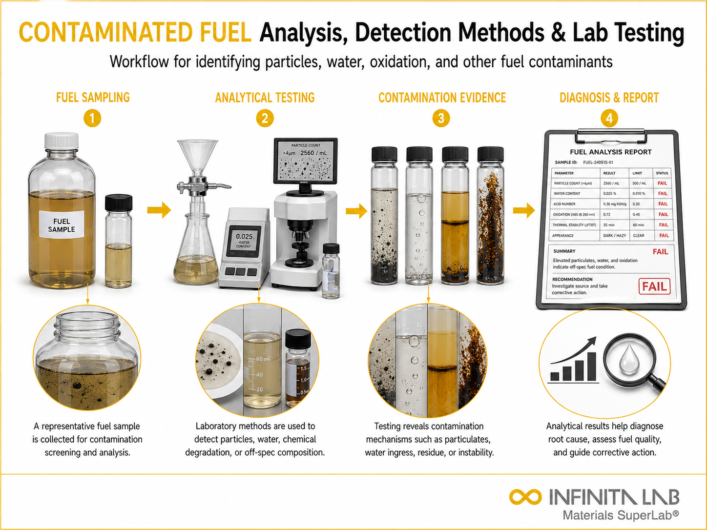 Infinita Engineering Visual showing Contaminated Fuel Analysis fuel / biofuel workflow for contaminated fuel analysis: detection methods, standards & lab testing.