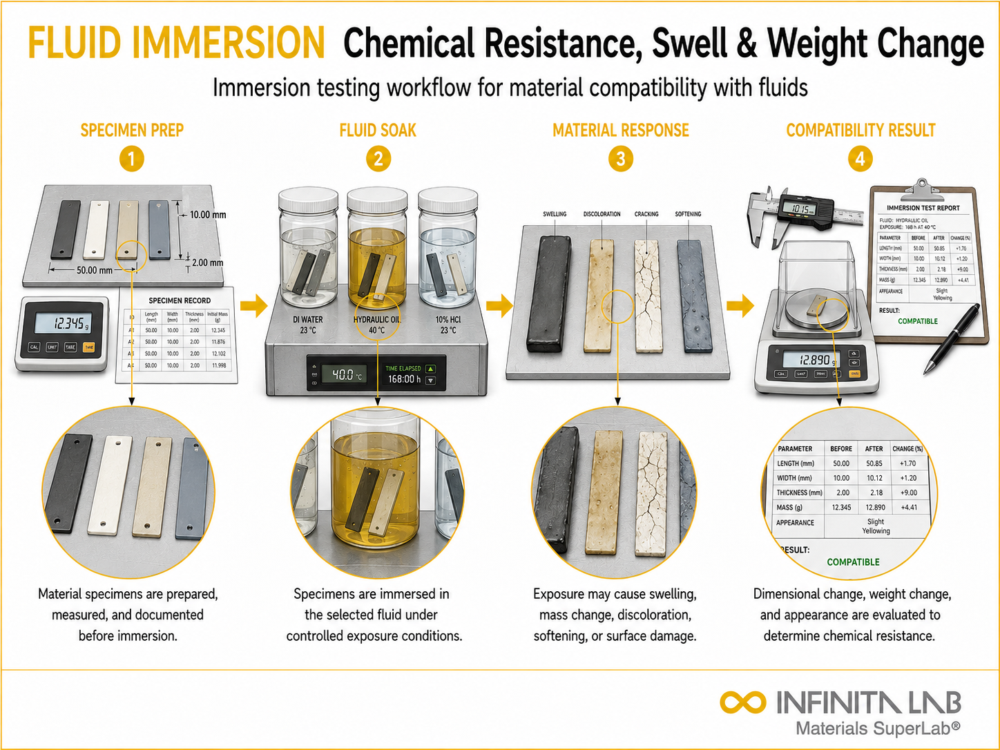 Infinita Engineering Visual showing Fluid Immersion Testing industrial fluids workflow for fluid immersion testing: chemical resistance, swell & weight change analysis.
