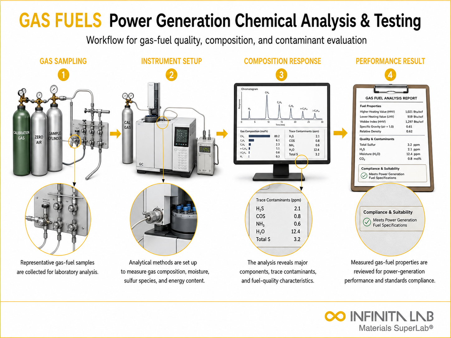 Infinita Engineering Visual showing Gas Fuels For fuel / biofuel workflow for gas fuels for power generation: chemical analysis & testing standards.