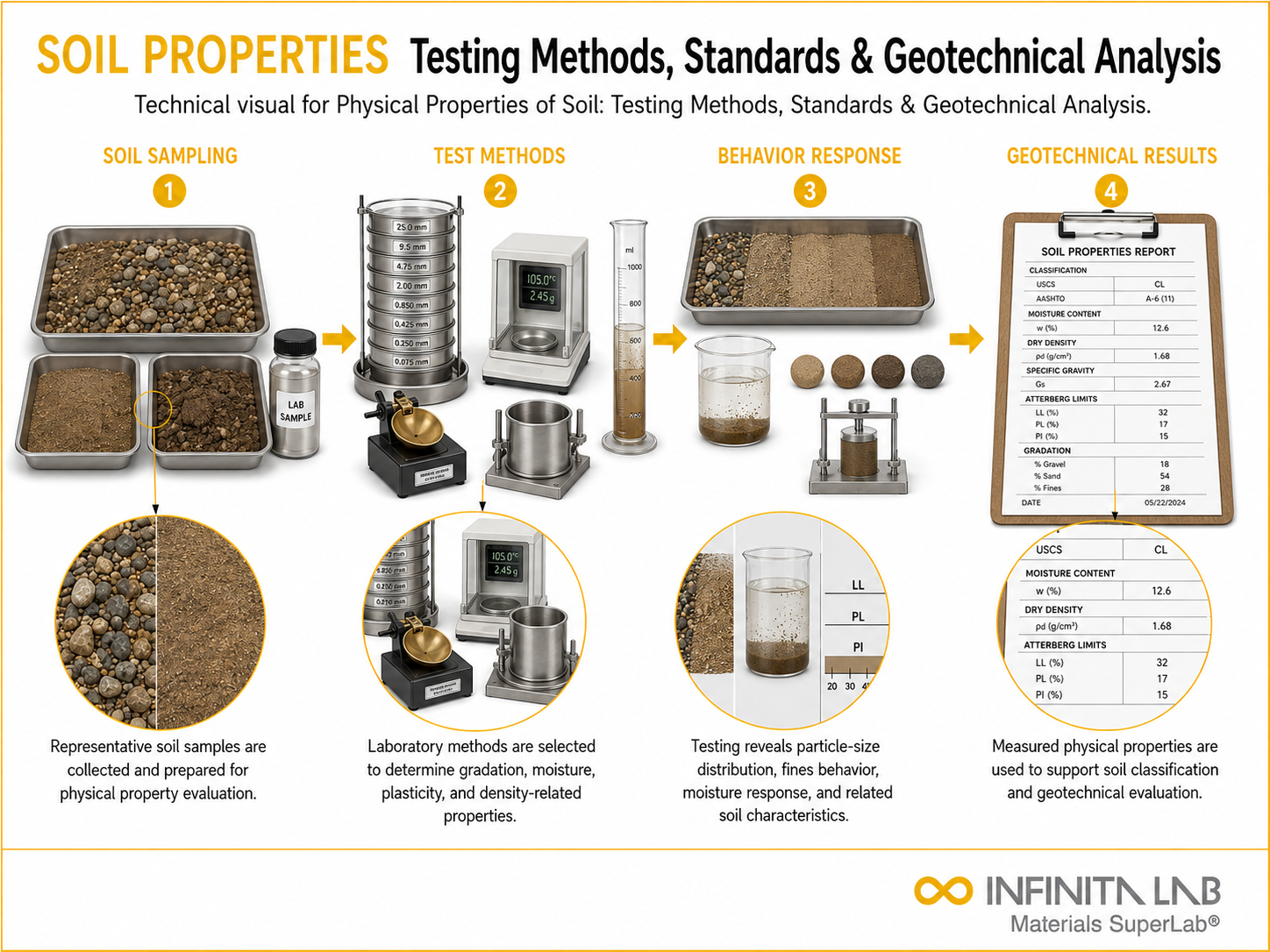 Infinita Engineering Visual showing Physical Properties Of oil / lubricant workflow for physical properties of soil: testing methods, standards & geotechnical analysis.