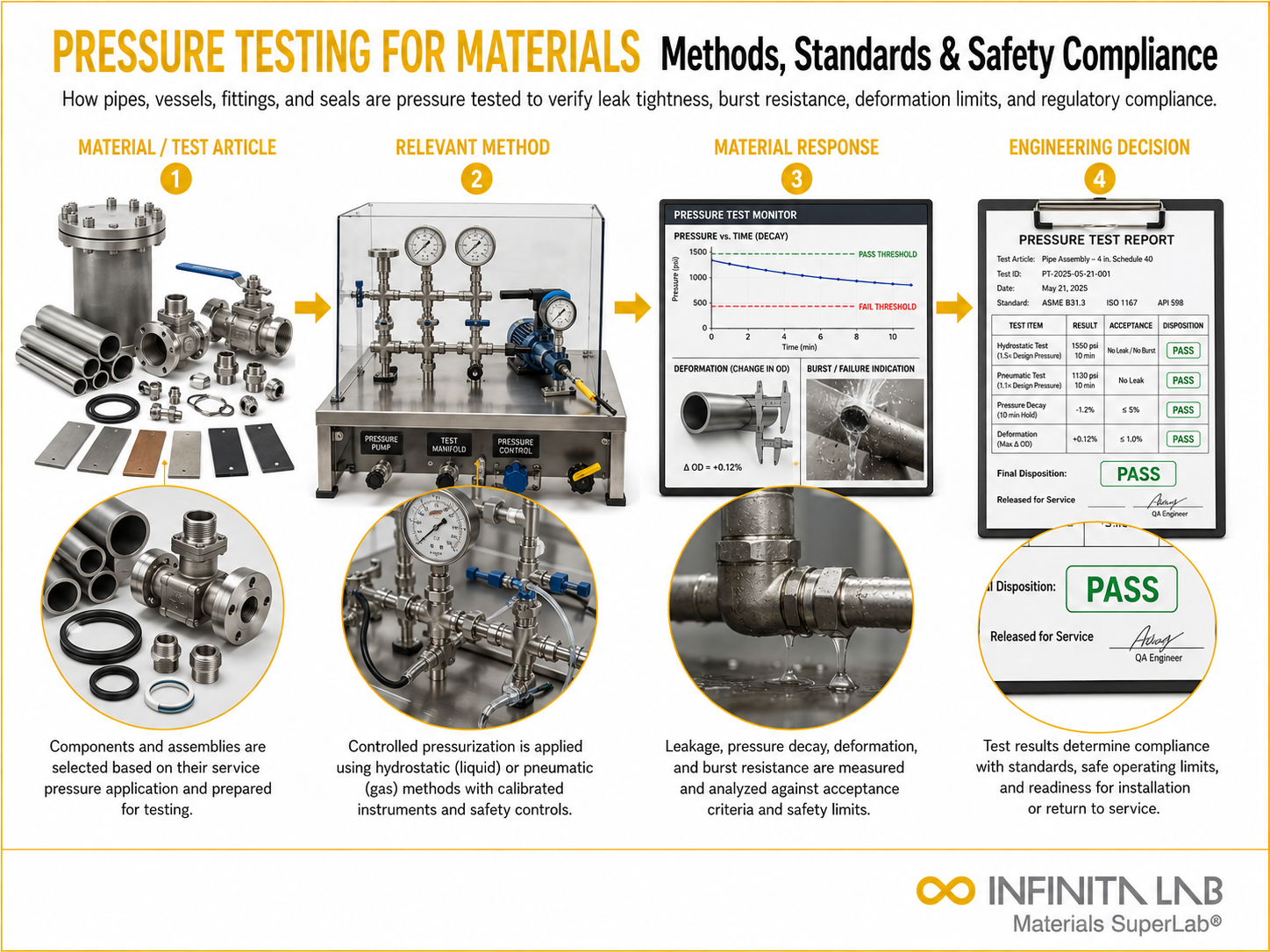 Infinita Engineering Visual showing Pressure Testing For general testing / industry guide workflow for pressure testing for materials: methods, standards & safety compliance.