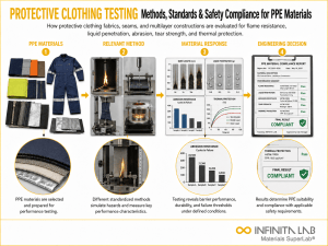 Infinita Engineering Visual showing Protective Clothing Testing general testing / industry guide workflow for protective clothing testing: methods, standards, and safety compliance for ppe materials.