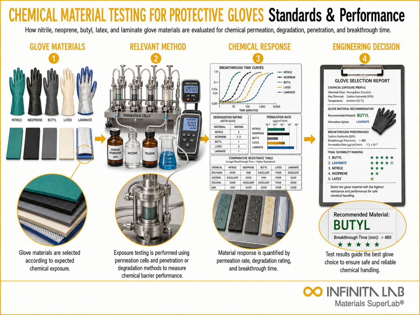 Infinita Engineering Visual showing Chemical Material Testing general testing / industry guide workflow for chemical material testing for protective gloves: standards & performance.