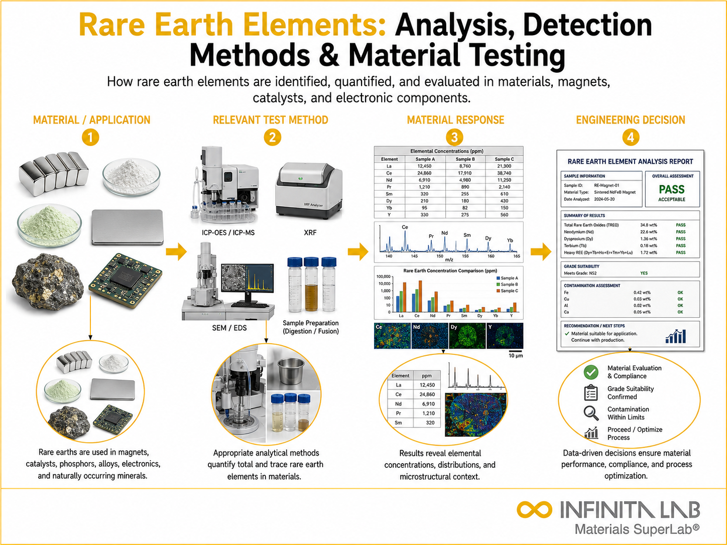 Infinita Engineering Visual showing Rare Earth Elements general testing / industry guide workflow for rare earth elements: analysis, detection methods & material testing.