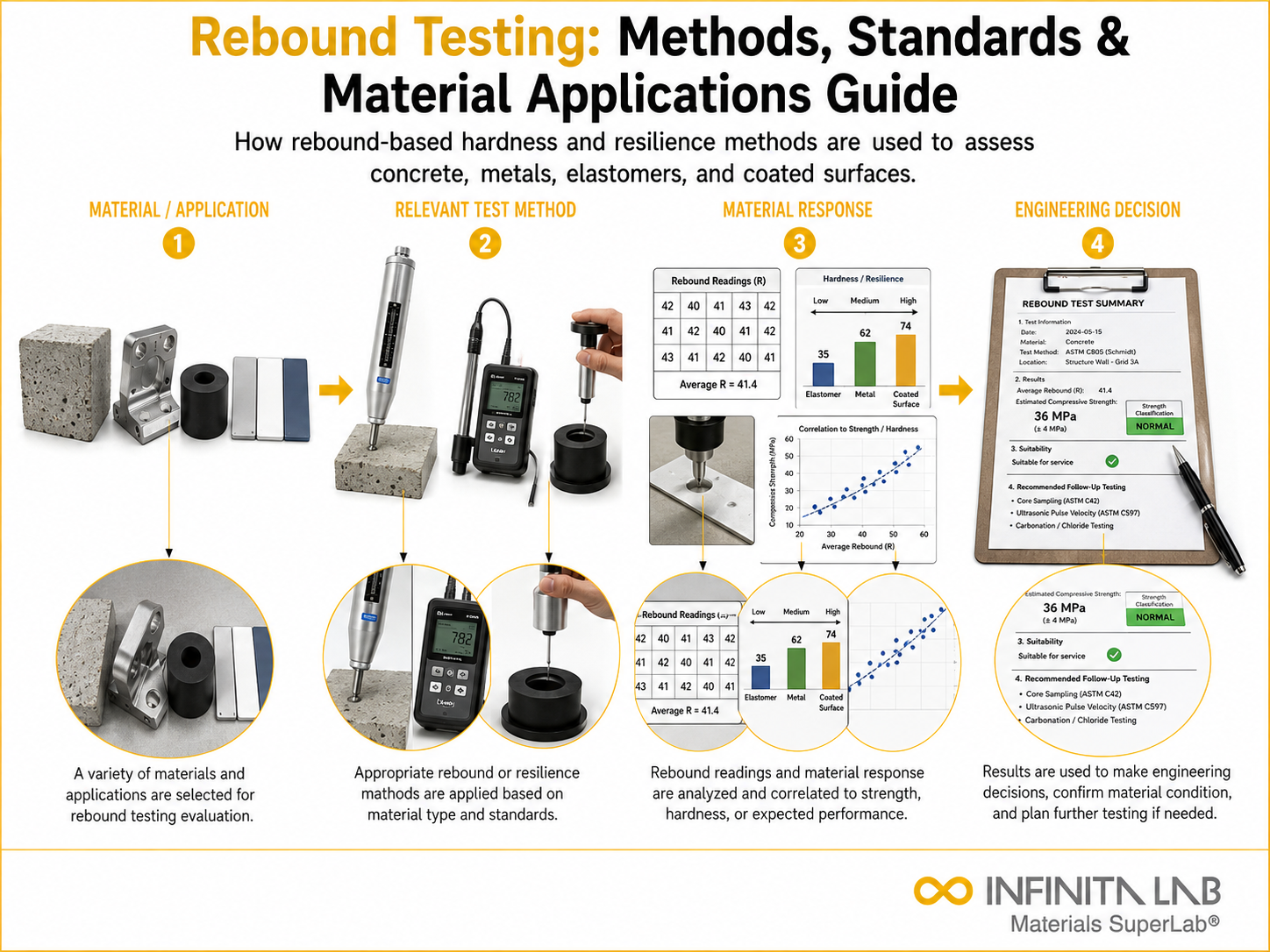 Infinita Engineering Visual showing Rebound Testing Methods general testing / industry guide workflow for rebound testing: methods, standards & material applications guide.