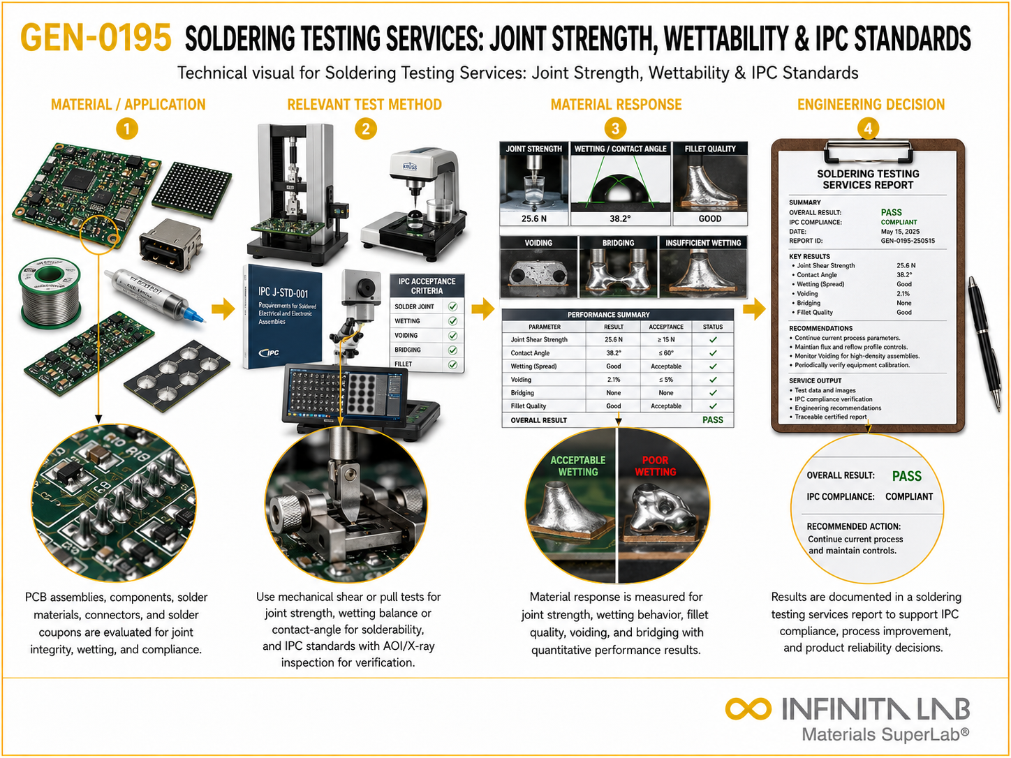 Infinita Engineering Visual showing Soldering Testing Services general testing / industry guide workflow for soldering testing services: joint strength, wettability & ipc standards.
