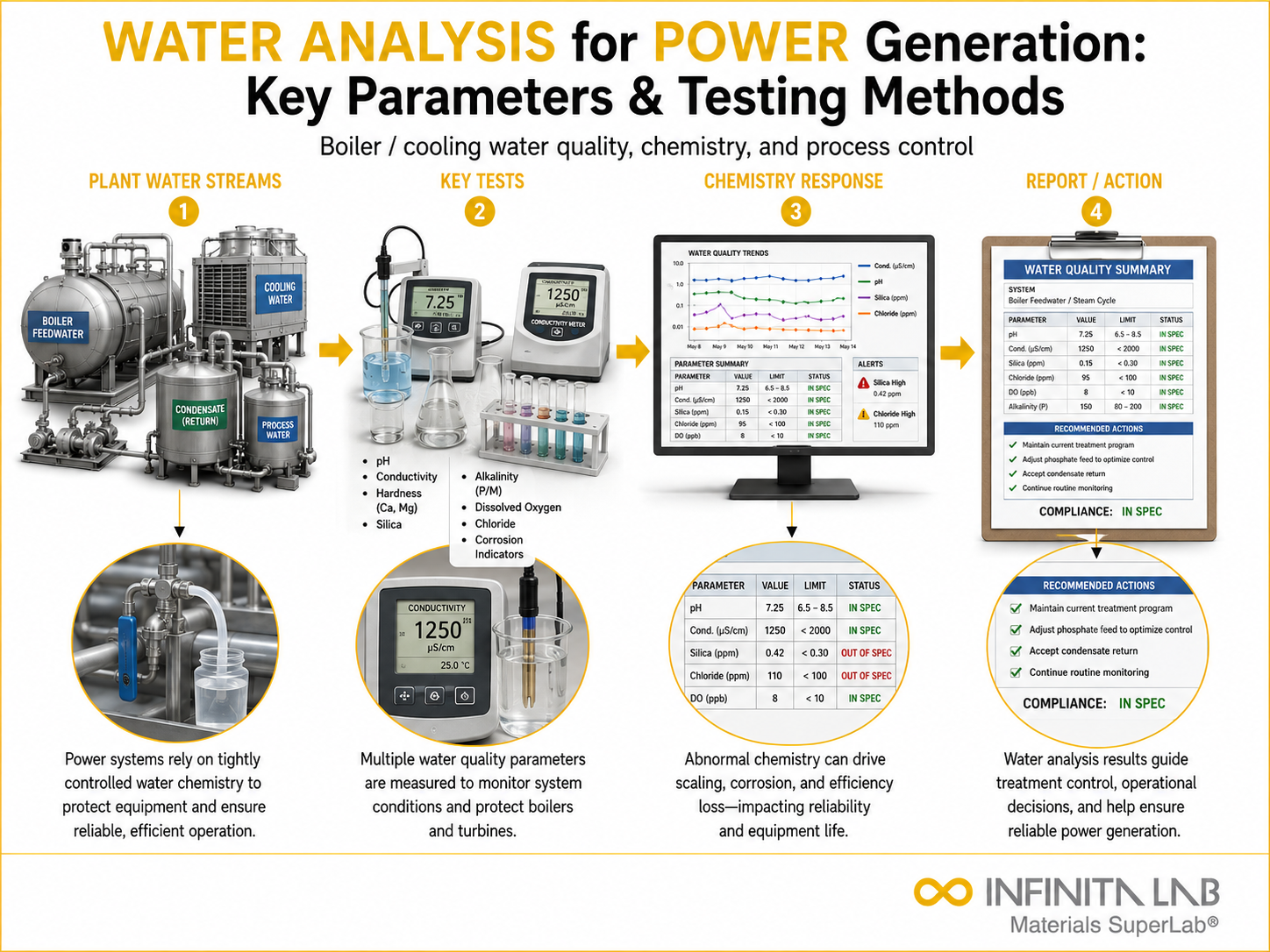 Infinita Engineering Visual showing Water Analysis For general testing / industry guide workflow for water analysis for power generation: key parameters & testing methods.