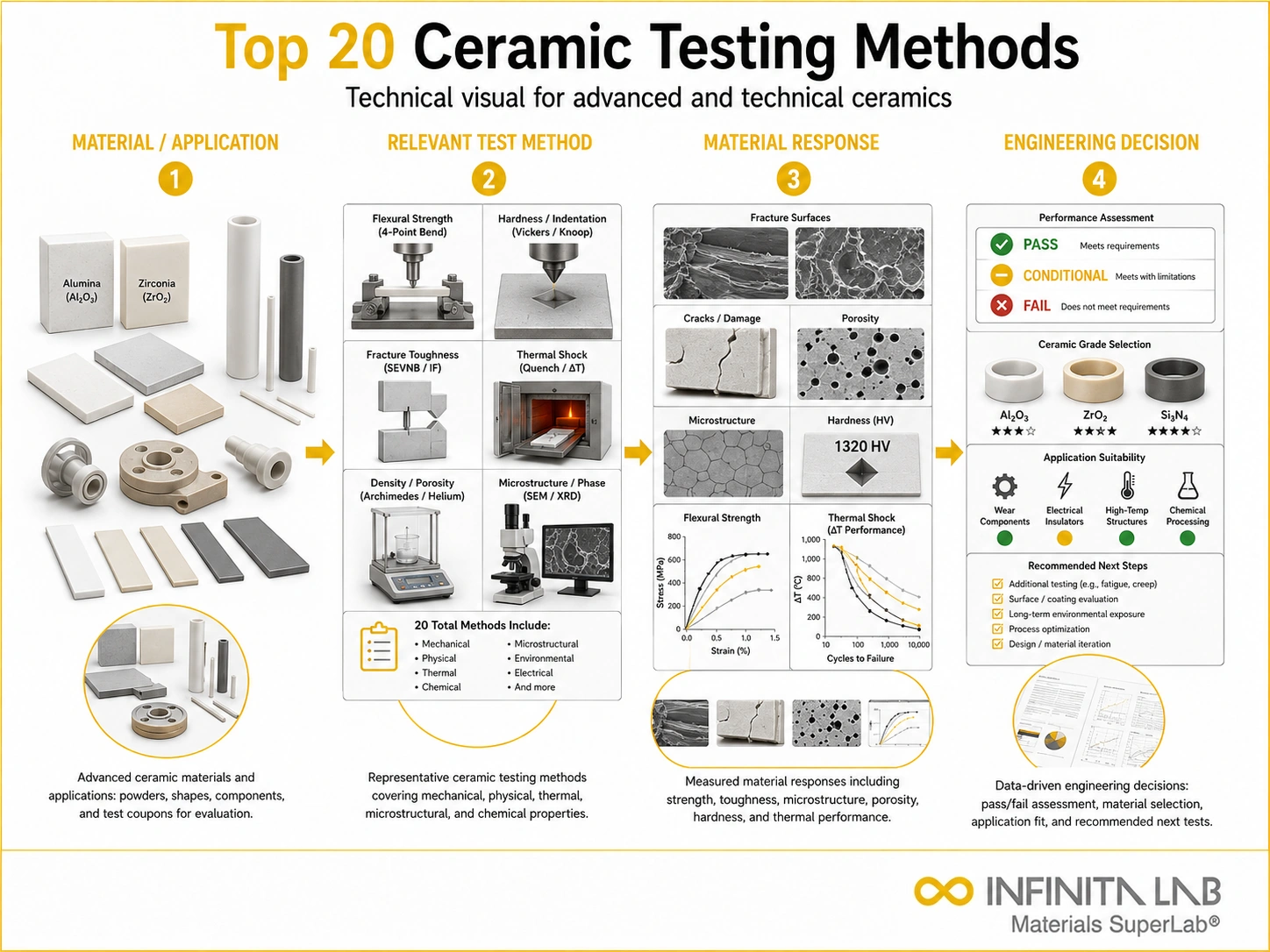 Infinita Engineering Visual showing Top 20 Ceramic general testing / industry guide workflow for top 20 ceramic testing methods for advanced & technical ceramics.