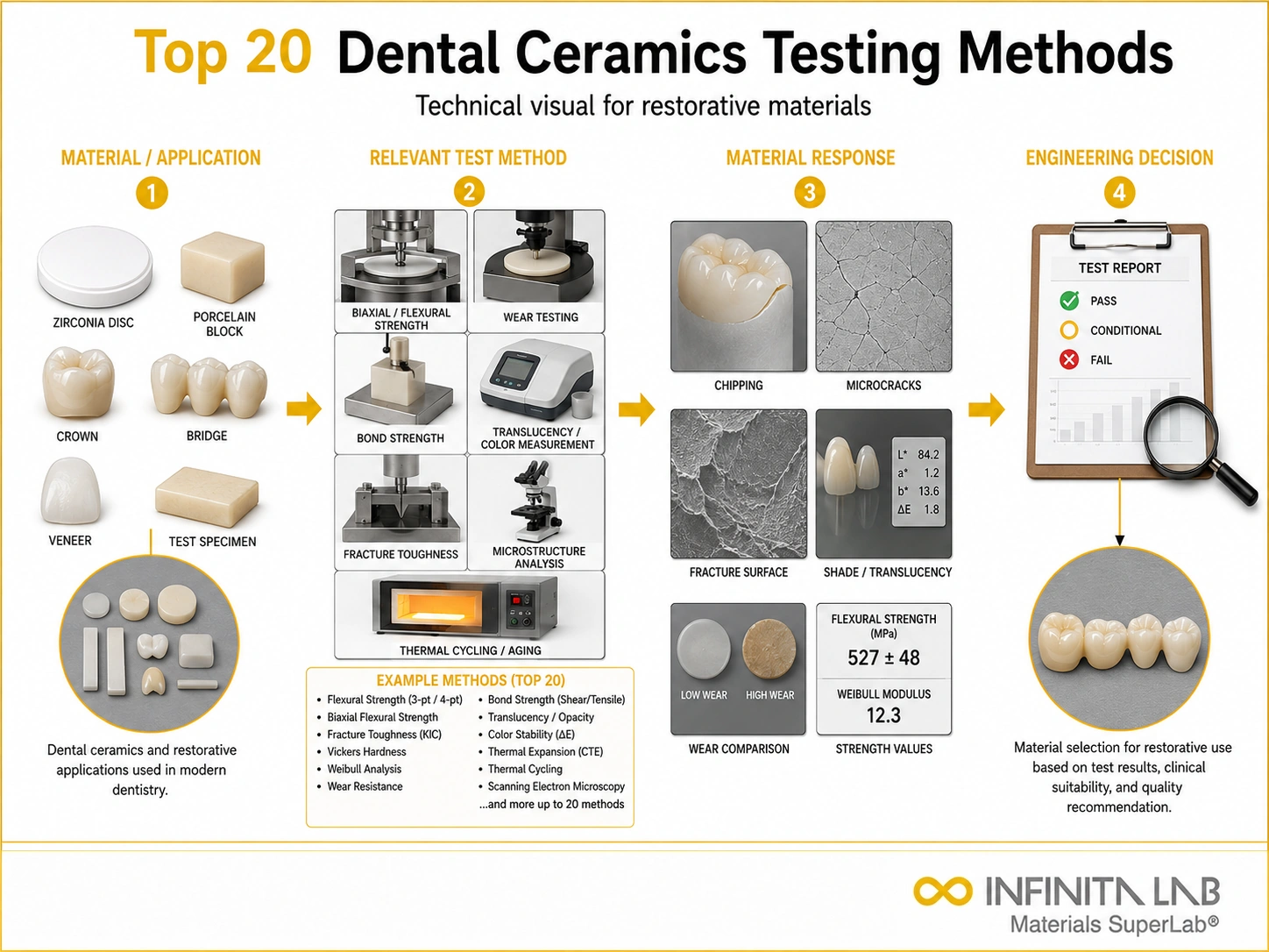 Infinita Engineering Visual showing Top 20 Dental general testing / industry guide workflow for top 20 dental ceramics testing methods for restorative materials.