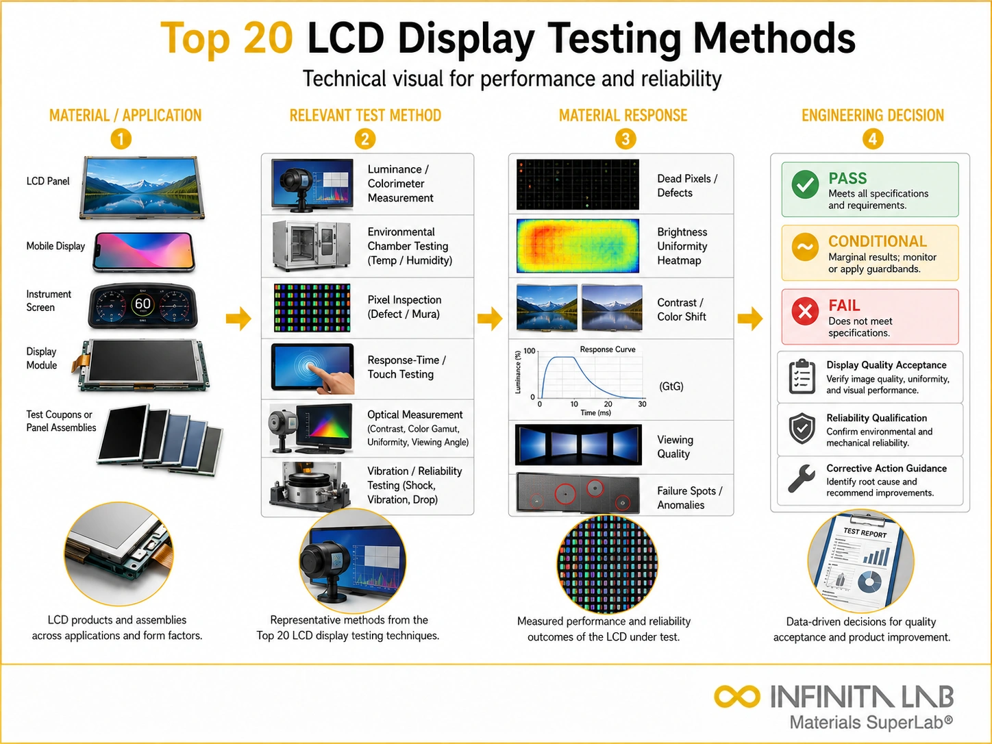Infinita Engineering Visual showing Top 20 Lcd general testing / industry guide workflow for top 20 lcd display testing methods for performance & reliability.