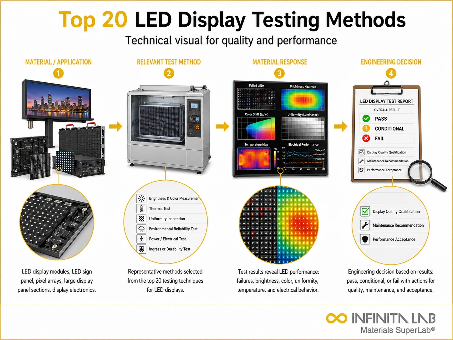 Infinita Engineering Visual showing Top 20 Led general testing / industry guide workflow for top 20 led display testing methods for quality & performance.