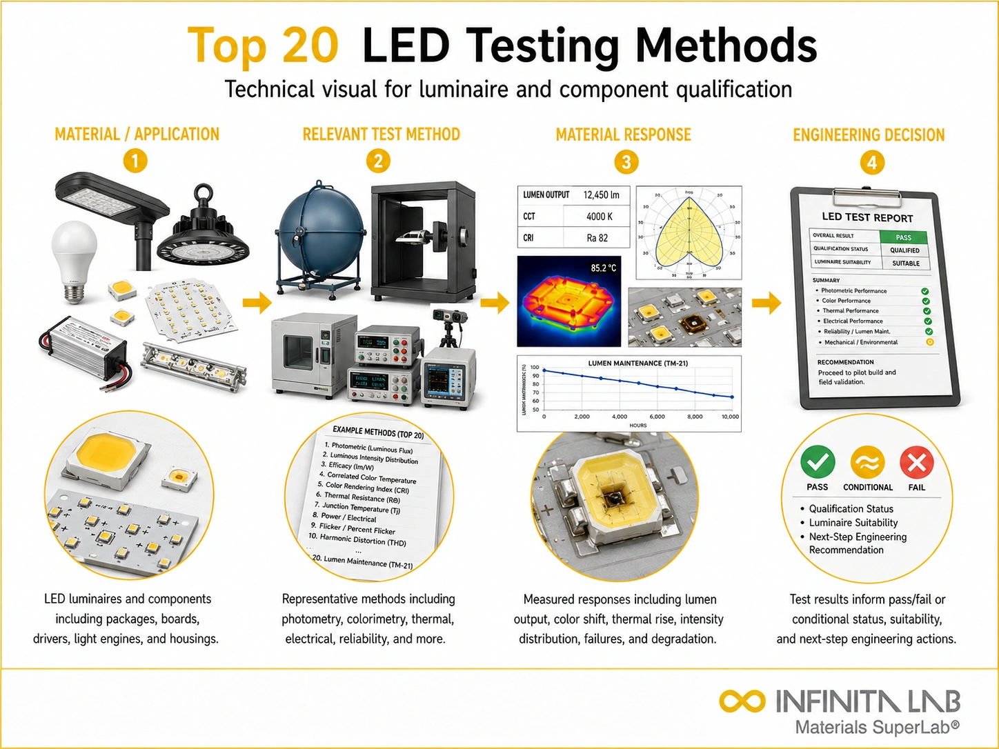 Infinita Engineering Visual showing Top 20 Led general testing / industry guide workflow for top 20 led testing methods for luminaire & component qualification.