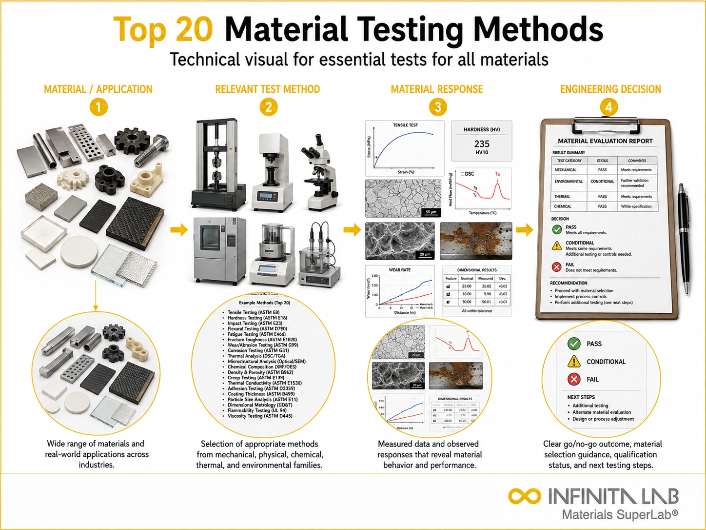 Infinita Engineering Visual showing Top 20 Material general testing / industry guide workflow for top 20 material testing methods – essential tests for all materials.