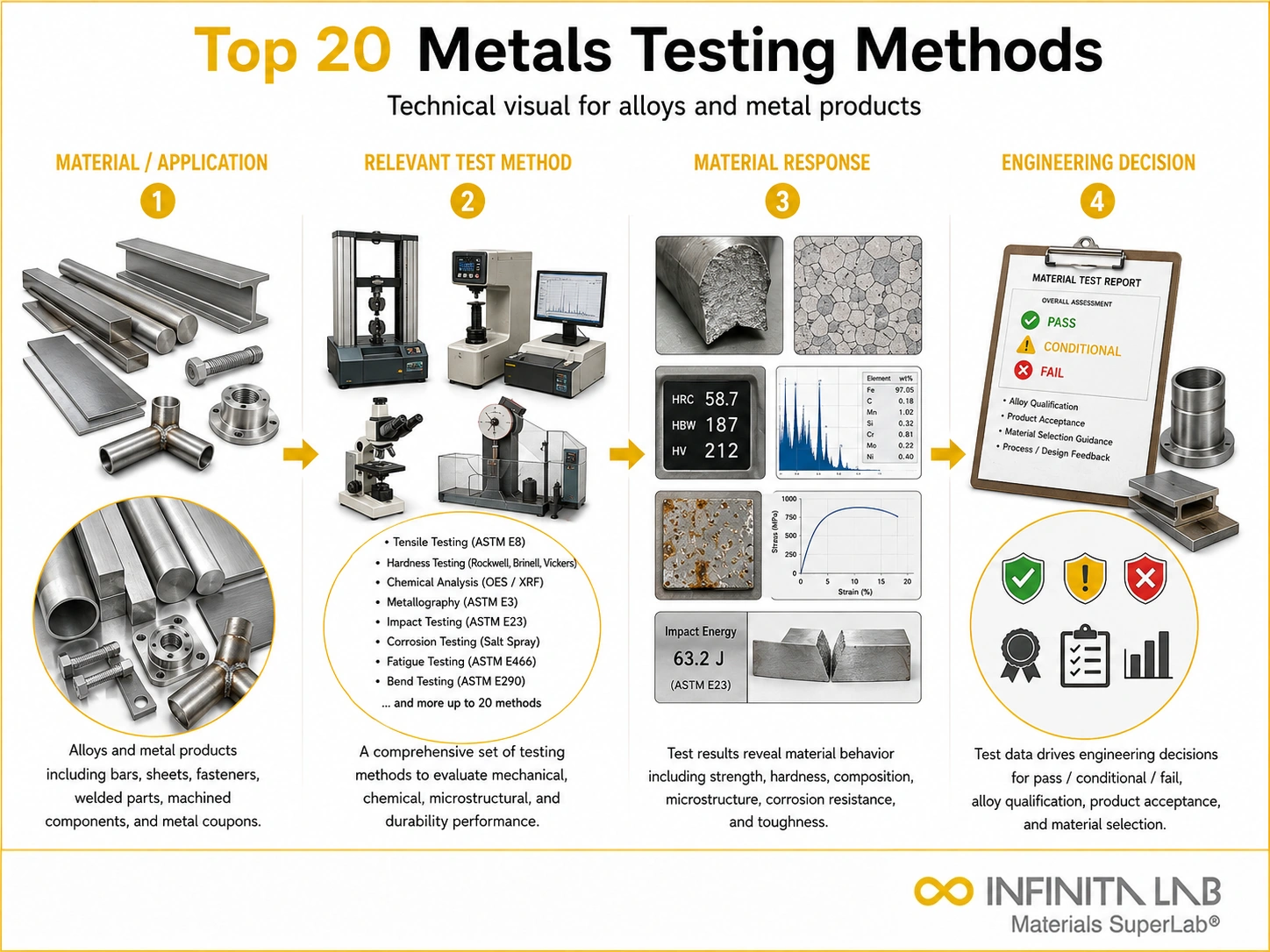 Infinita Engineering Visual showing Top 20 Metals general testing / industry guide workflow for top 20 metals testing methods for alloys & metal products.