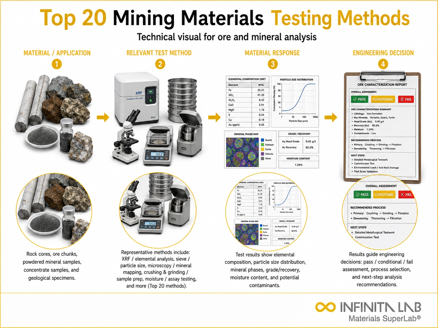 Infinita Engineering Visual showing Top 20 Mining general testing / industry guide workflow for top 20 mining materials testing methods for ore & mineral analysis.