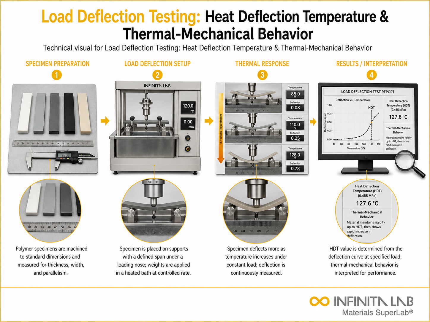 Infinita Engineering Visual showing Load Deflection Testing microscopy / imaging workflow for load deflection testing: heat deflection temperature & thermal-mechanical behavior.