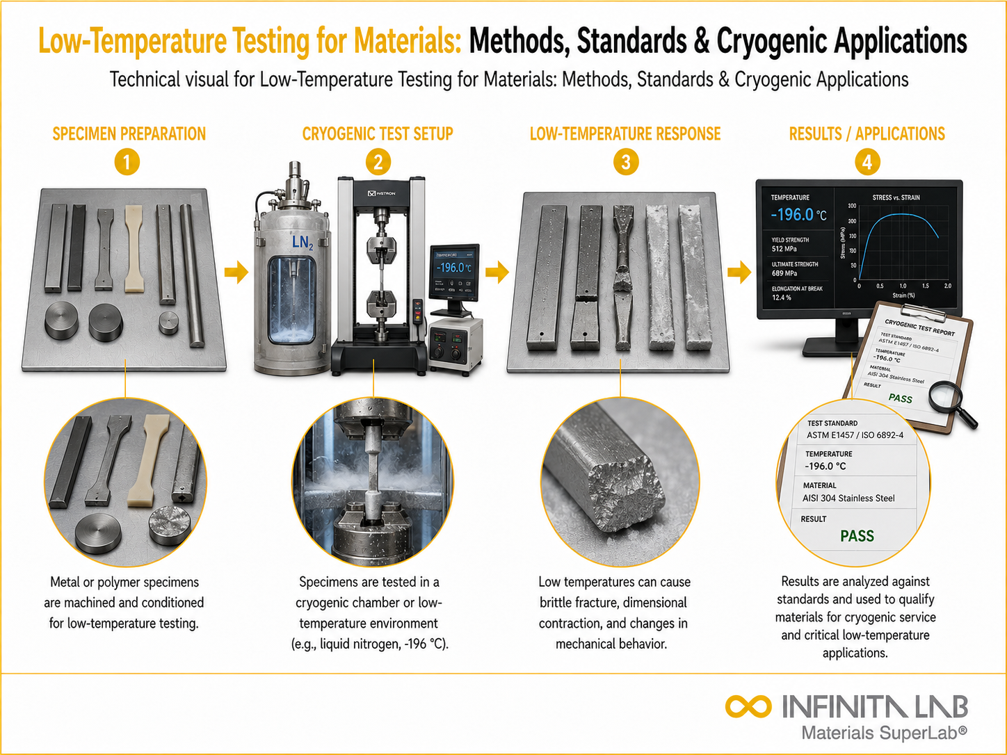 Infinita Engineering Visual showing Low Temperature Testing microscopy / imaging workflow for low-temperature testing for materials: methods, standards & cryogenic applications.
