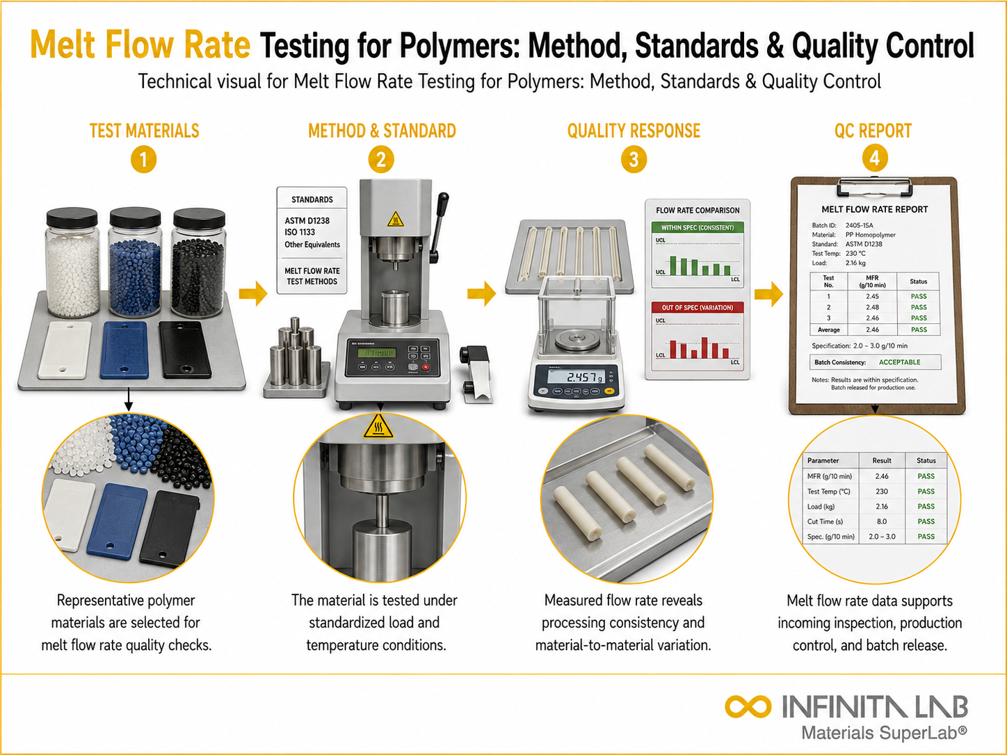 Infinita Engineering Visual showing Melt Flow Rate polymer / plastics material properties workflow for melt flow rate testing for polymers: method, standards & quality control.