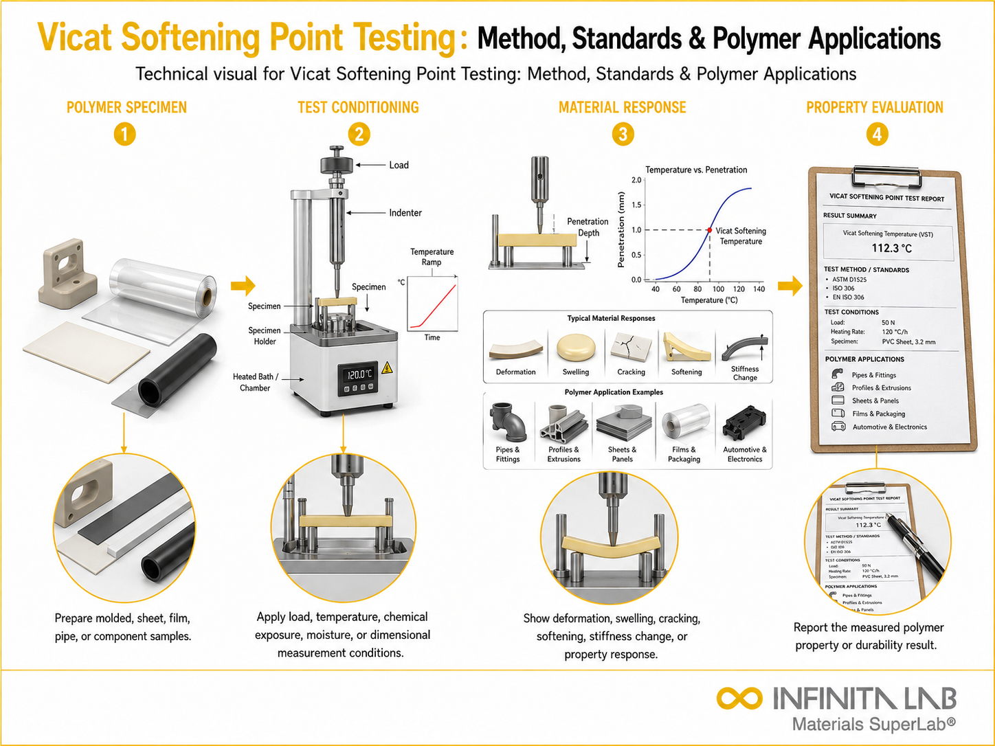 Infinita Engineering Visual showing Vicat Softening Point polymer / plastics material properties workflow for vicat softening point testing: method, standards & polymer applications.