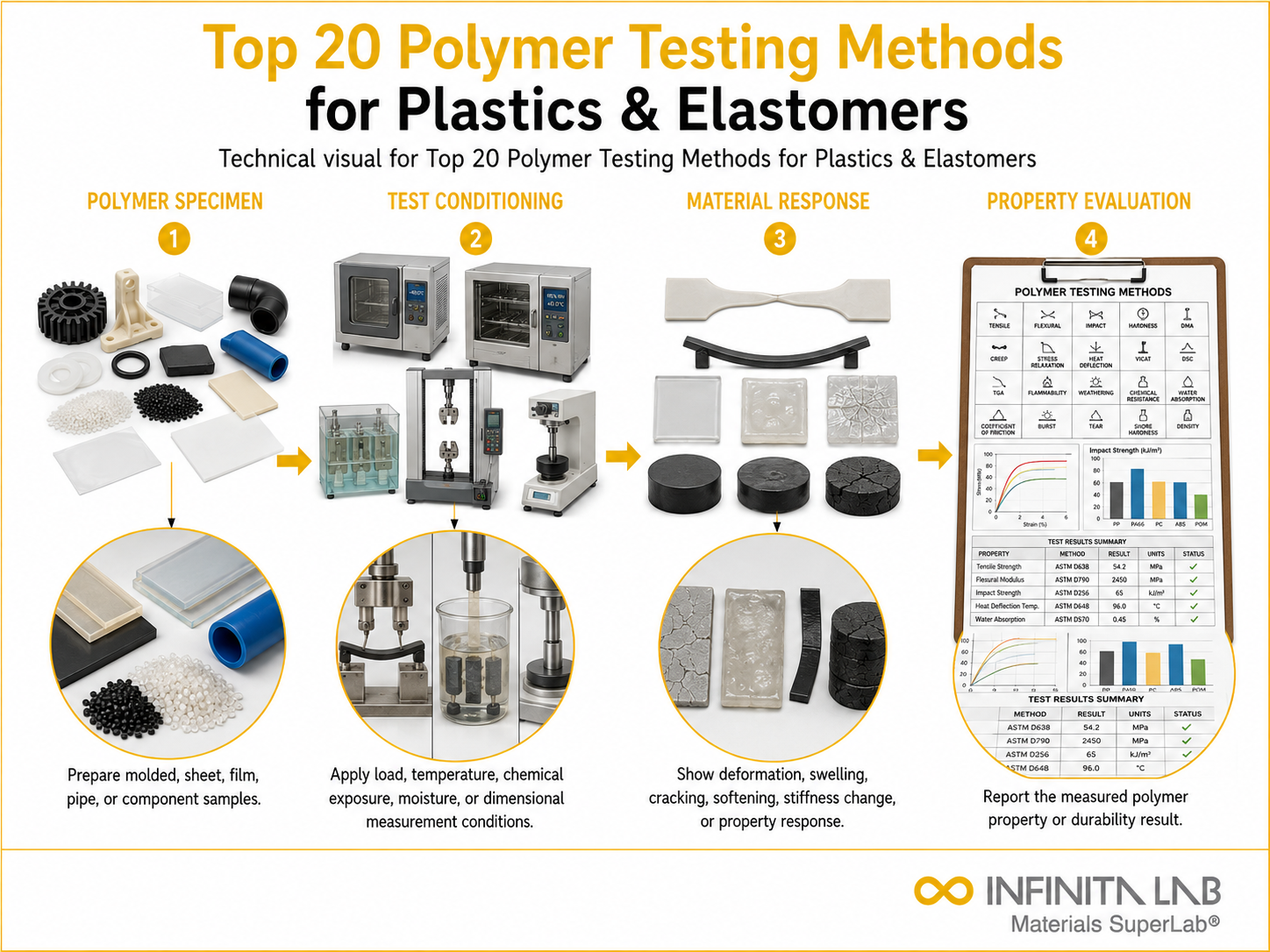 Infinita Engineering Visual showing Top 20 Polymer rubber / elastomer workflow for top 20 polymer testing methods for plastics & elastomers.