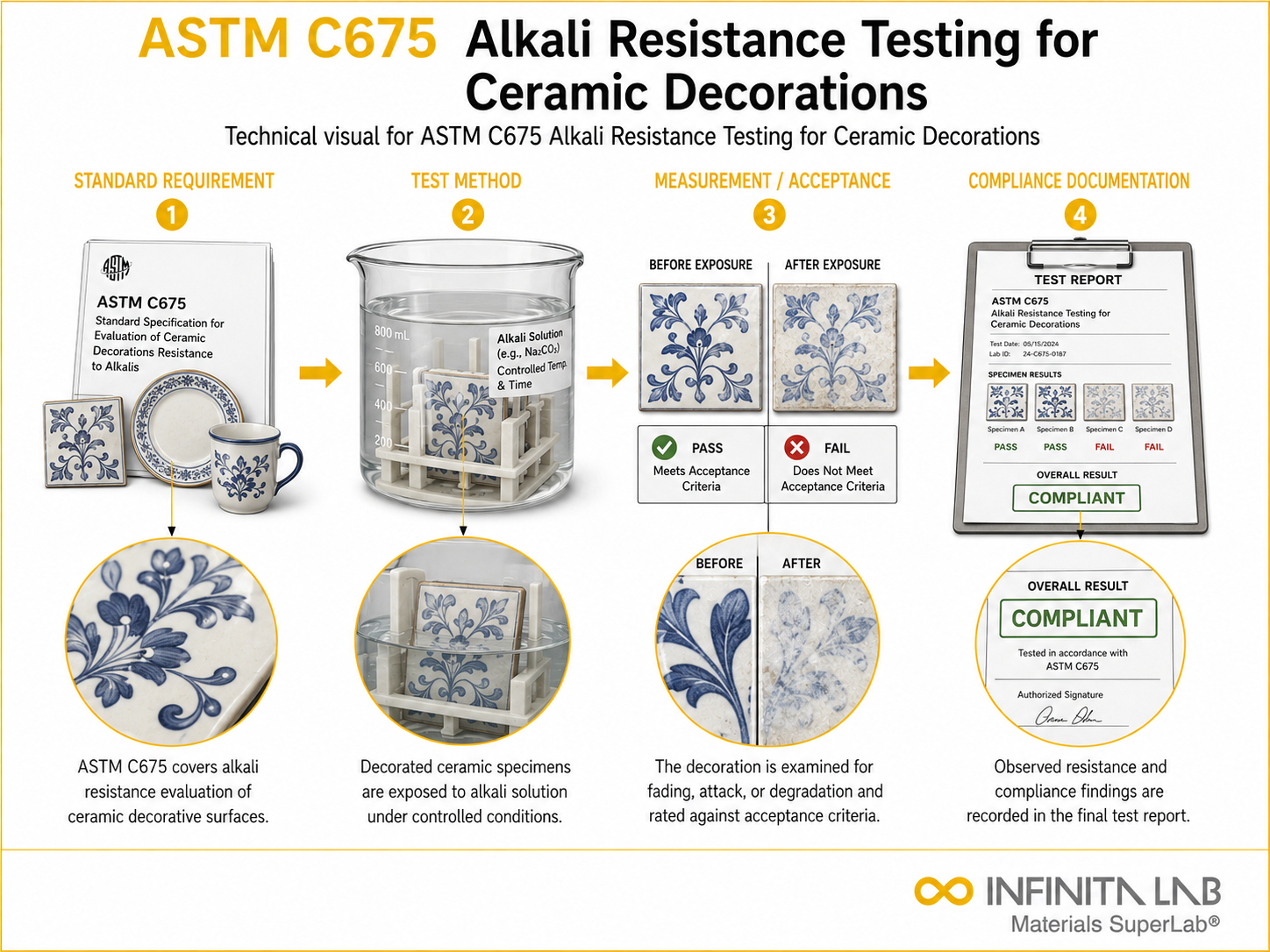 Infinita Engineering Visual showing ASTM C675 ALKALI standard overview / compliance workflow for astm c675 alkali resistance testing for ceramic decorations.