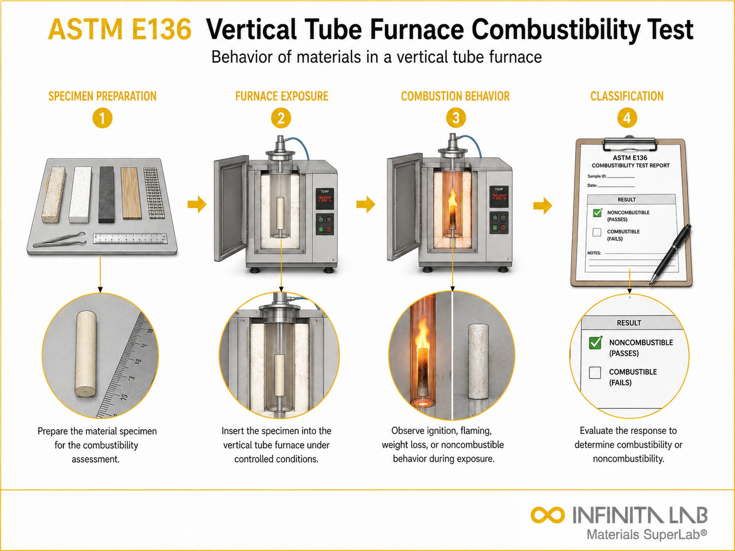 Infinita Engineering Visual showing ASTM E136 thermal analysis / heat testing workflow for astm e136: behavior of materials in a vertical tube furnace combustibility test.