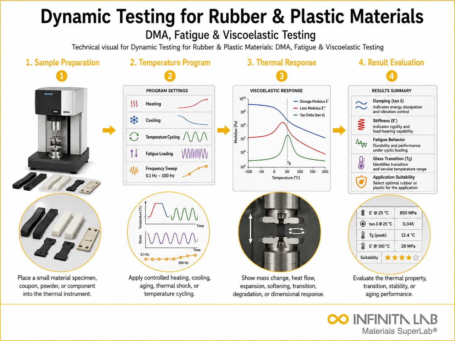 Infinita Engineering Visual showing Dynamic Testing For dma / viscoelastic workflow for dynamic testing for rubber & plastic materials: dma, fatigue & viscoelastic testing.