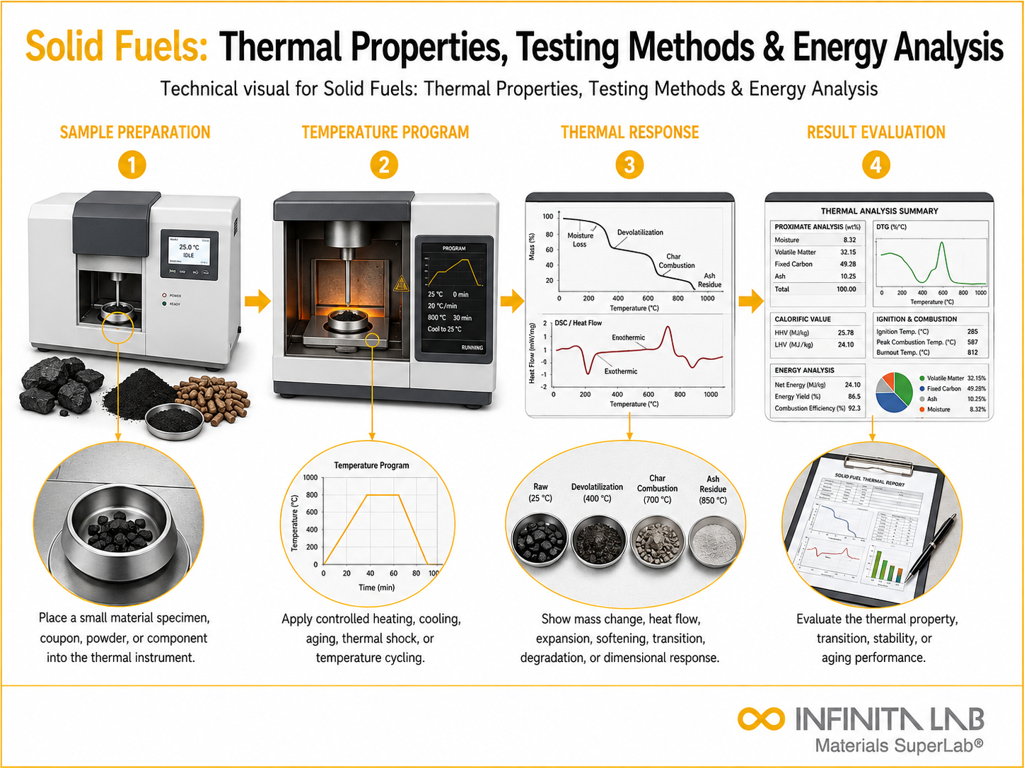 Infinita Engineering Visual showing Solid Fuels Thermal thermal analysis / heat testing workflow for solid fuels: thermal properties, testing methods & energy analysis.