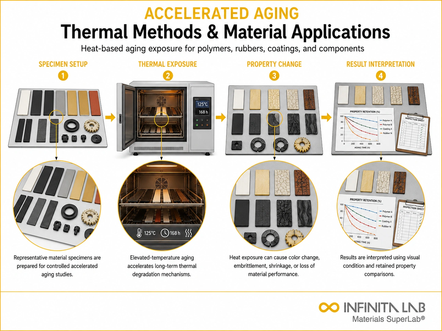 Infinita Engineering Visual showing Accelerated Aging Testing accelerated weathering / uv / aging workflow for accelerated aging testing: thermal methods, standards & material applications.