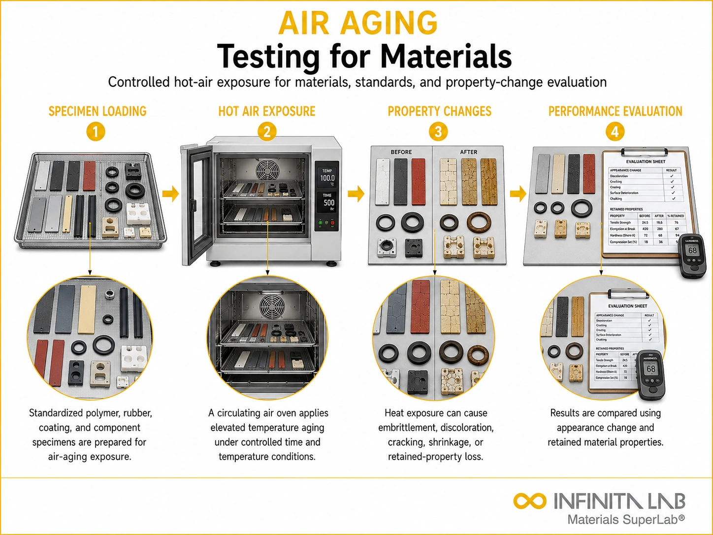 Infinita Engineering Visual showing Air Aging Testing accelerated weathering / uv / aging workflow for air aging testing for materials: methods, standards & property changes.