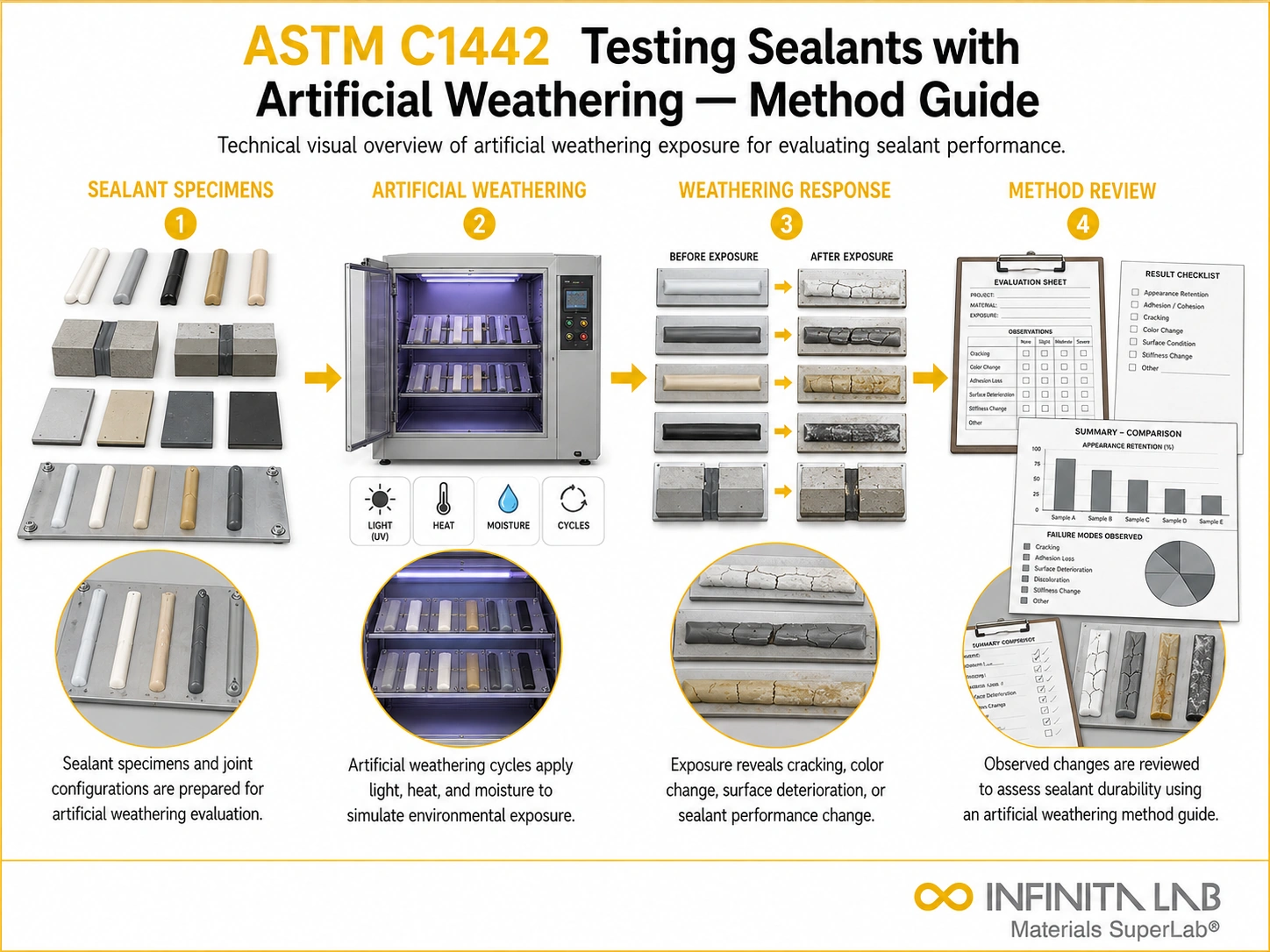 Infinita Engineering Visual showing ASTM C1442 uv / weathering exposure workflow for astm c1442: testing sealants with artificial weathering — method guide.