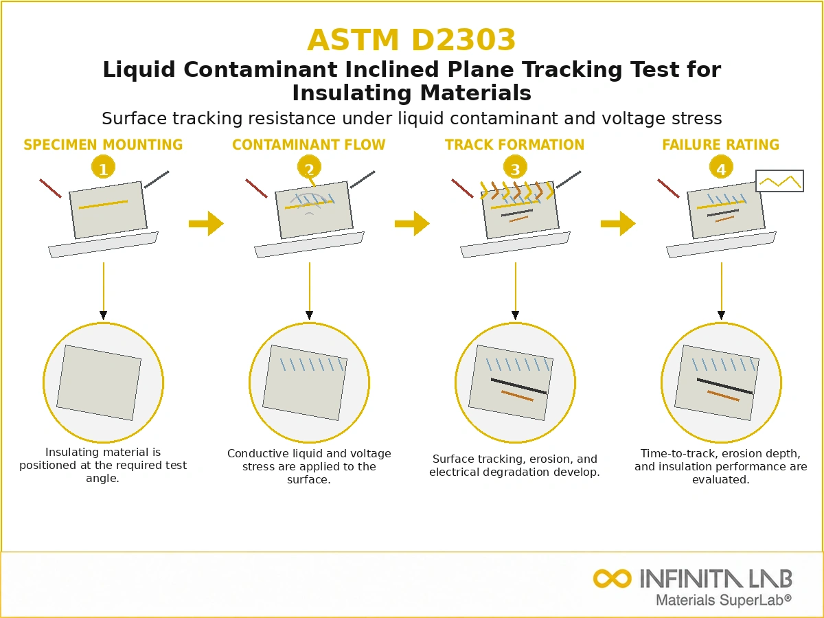 Infinita Engineering Visual showing ASTM D2303 electrical tracking / insulation materials workflow for astm d2303: liquid contaminant inclined plane tracking test for insulating materials.
