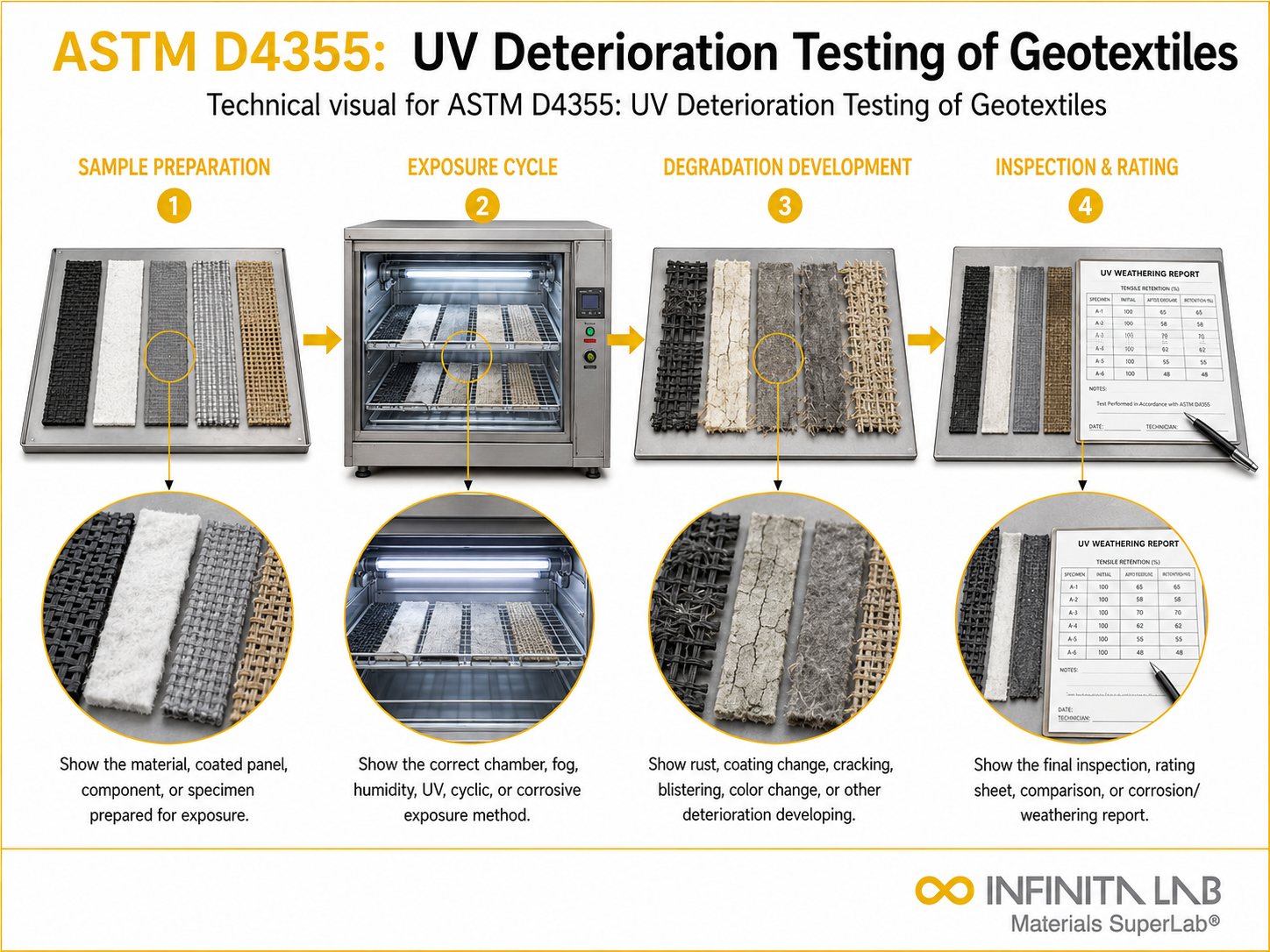 Infinita Engineering Visual showing ASTM D4355: UV Deterioration Testing of Geotextiles corrosion / weathering / durability workflow.