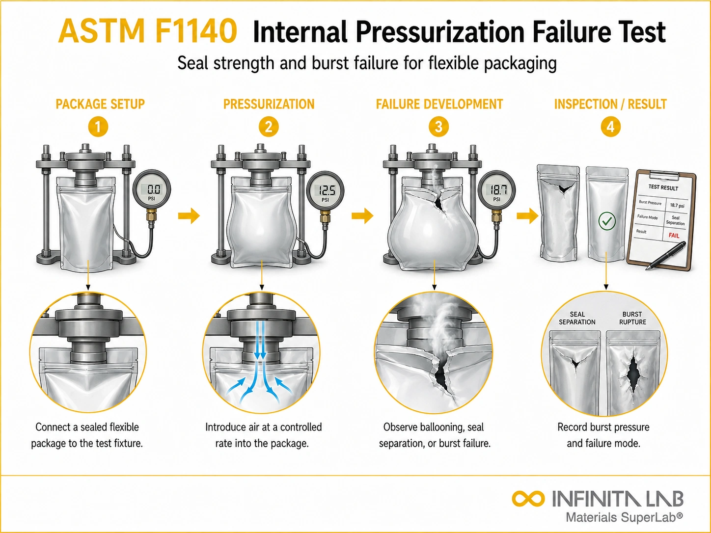 Infinita Engineering Visual showing ASTM F1140 packaging material / package integrity workflow for astm f1140: internal pressurization failure test for flexible packaging.