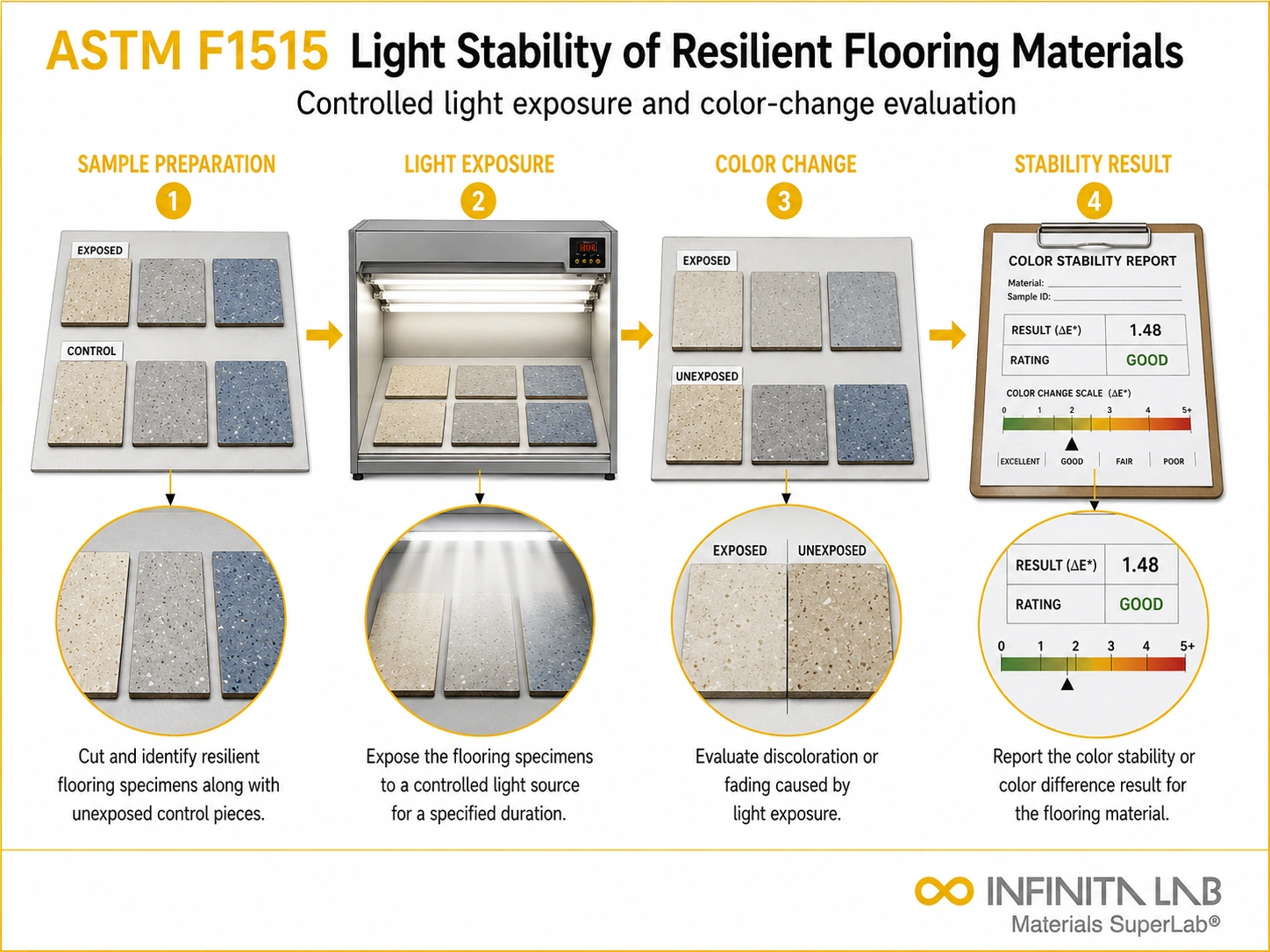Infinita Engineering Visual showing ASTM F1515 color / light stability / emittance workflow for astm f1515: measuring light stability of resilient flooring materials.