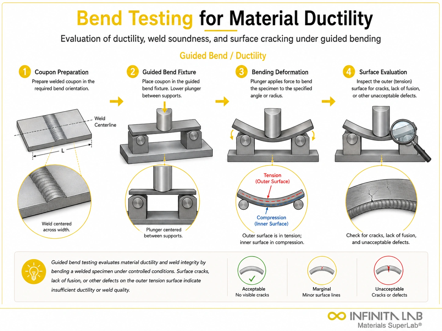Four-step Infinita Engineering Visual showing bend Testing for Material Ductility Methods Standards Results Interpretation with specimen preparation, fixture setup, flexural loading, and results evaluation.