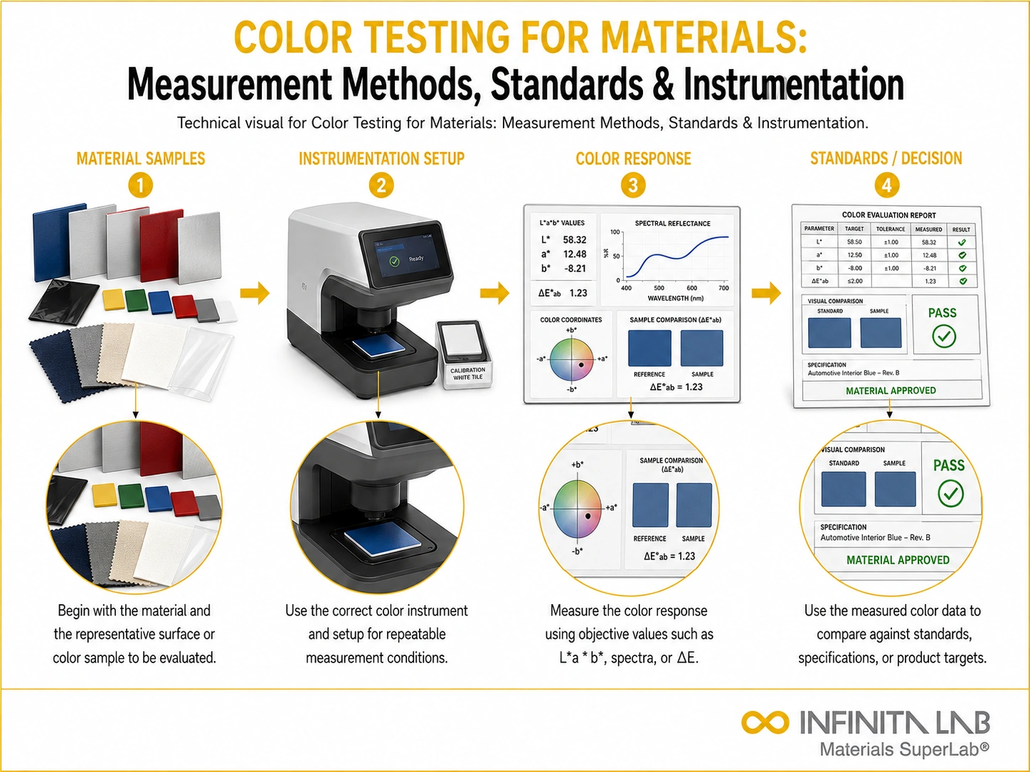 Infinita Engineering Visual showing Color Testing For general testing / industry guide workflow for color testing for materials: measurement methods, standards & instrumentation.