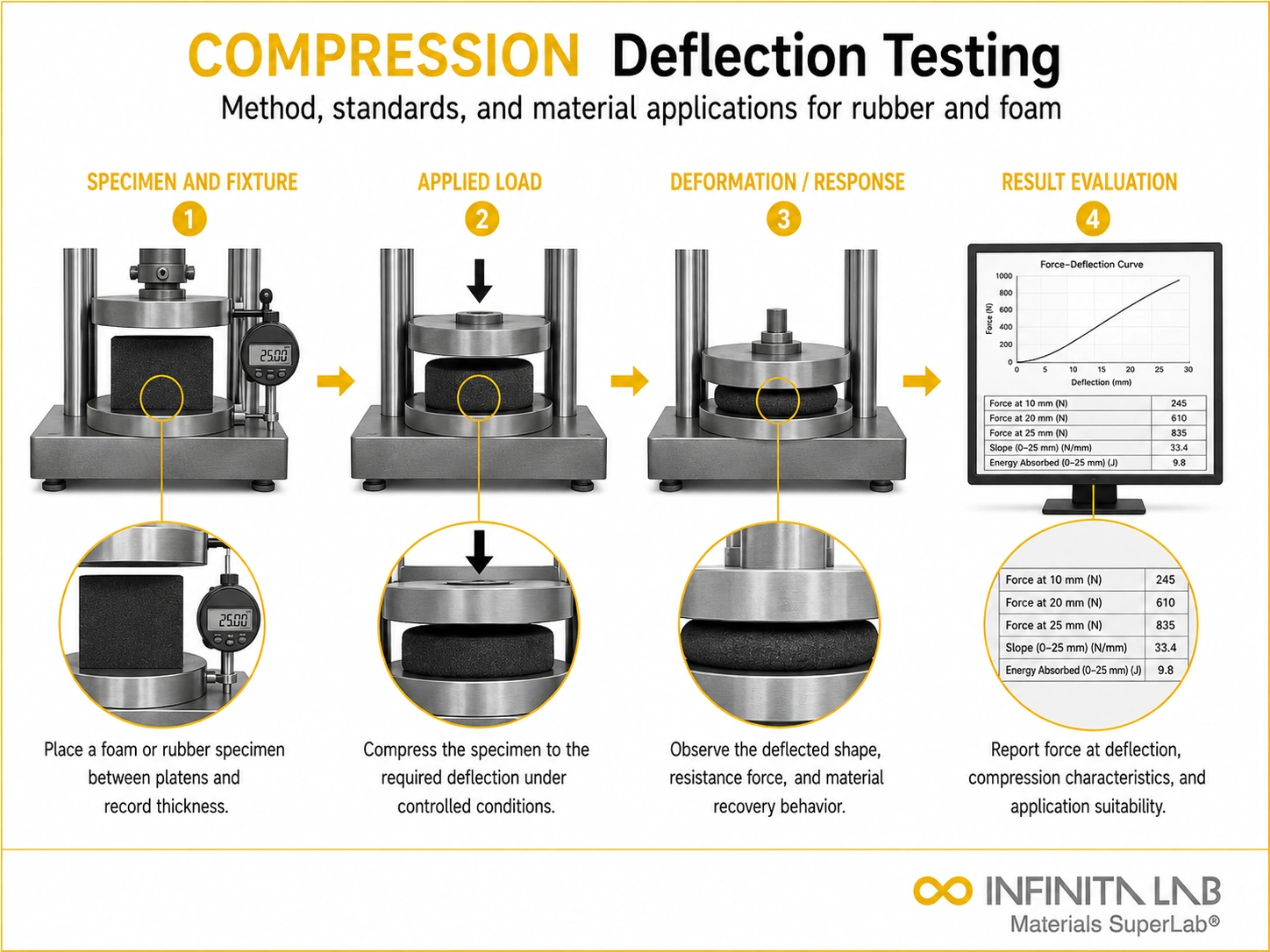 Infinita Engineering Visual showing Compression Deflection Testing compression / crush workflow for compression deflection testing: method, standards & material applications.
