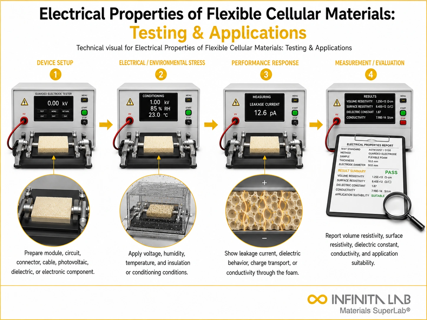 Infinita Engineering Visual showing Electrical Properties Of electrical / electronics reliability workflow for electrical properties of flexible cellular materials: testing & applications.