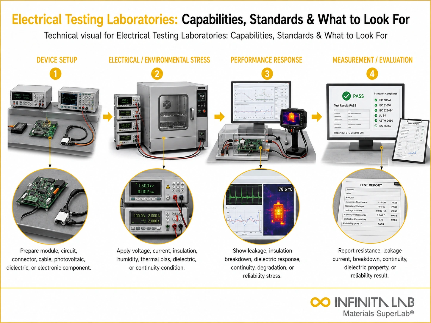 Infinita Engineering Visual showing Electrical Testing Laboratories electrical / electronics reliability workflow for electrical testing laboratories: capabilities, standards & what to look for.