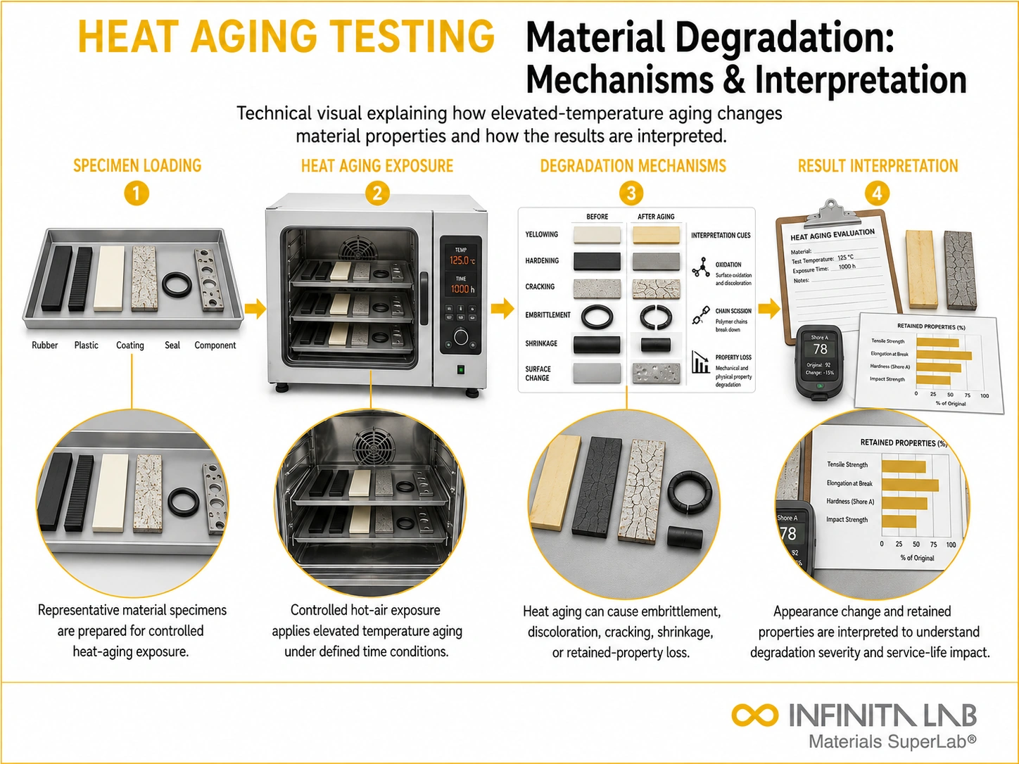 Infinita Engineering Visual showing Heat Aging Testing accelerated weathering / uv / aging workflow for heat aging testing & material degradation: mechanisms & interpretation.